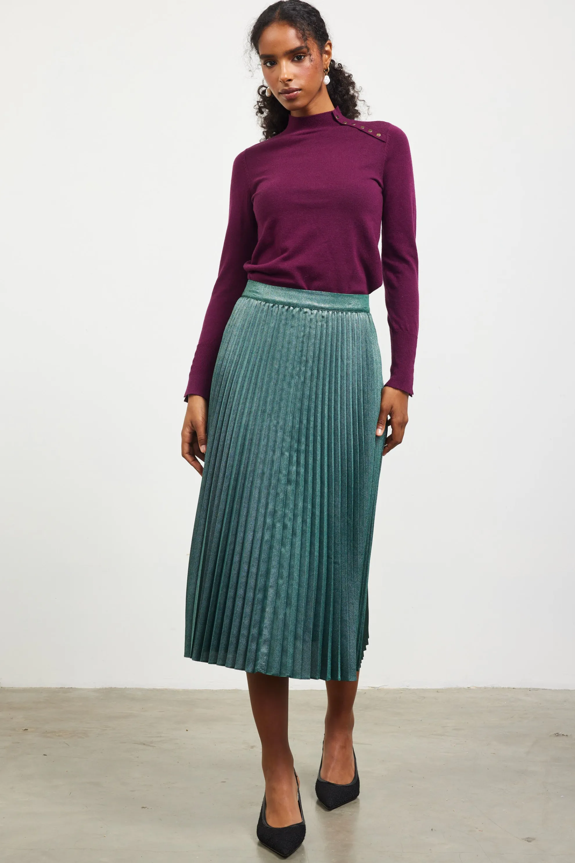 Metallic Foil Pleated Midi Skirt