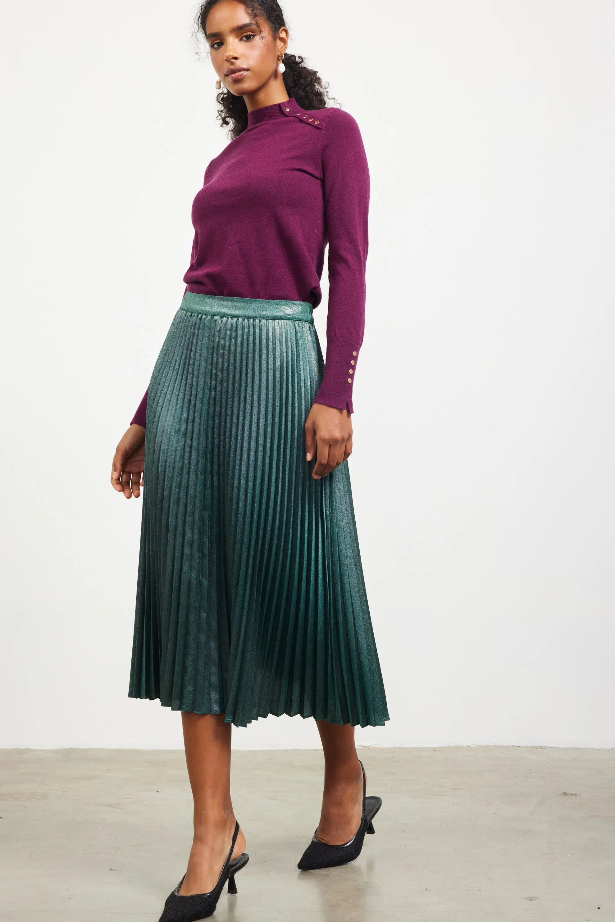 Metallic Foil Pleated Midi Skirt