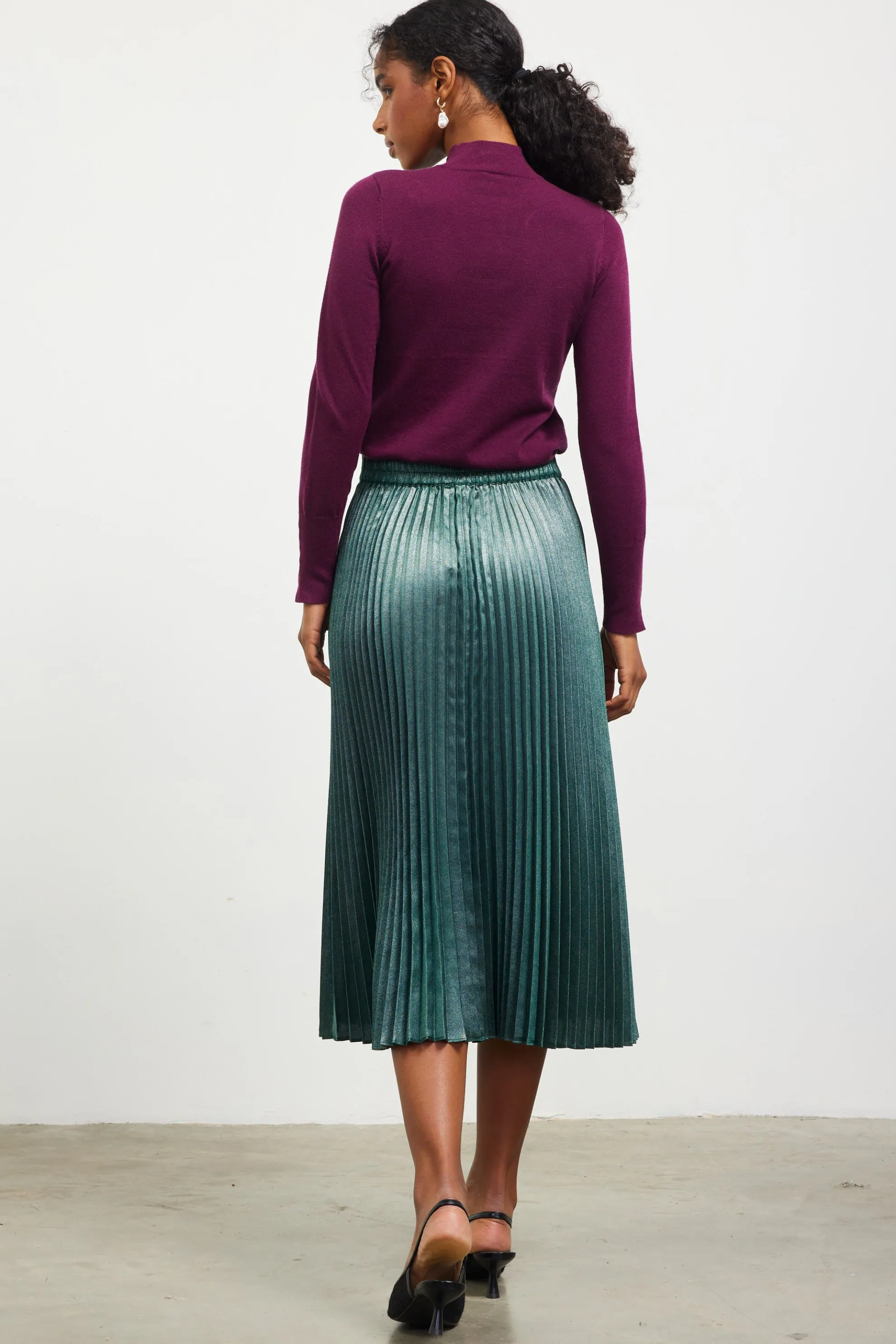 Metallic Foil Pleated Midi Skirt