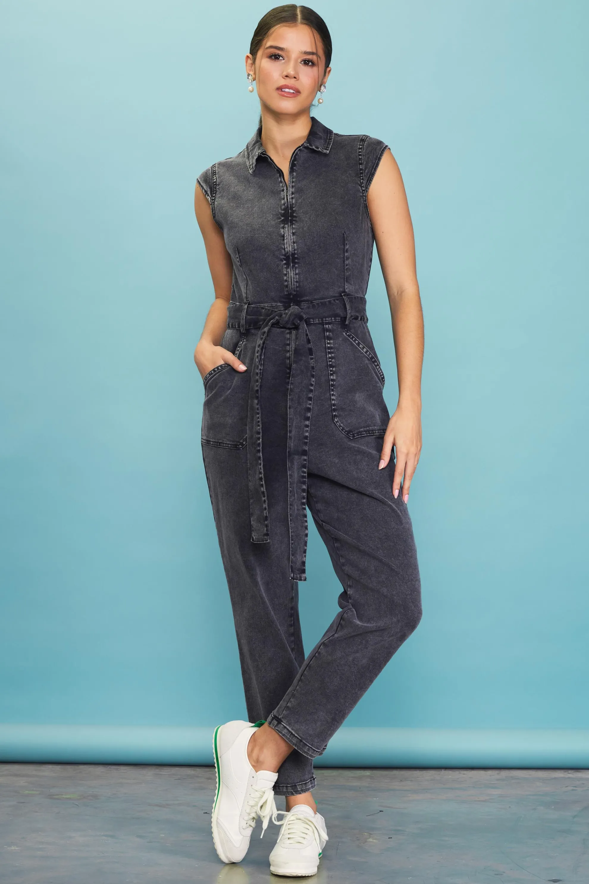 Sleeveless Washed Denim Jumpsuit