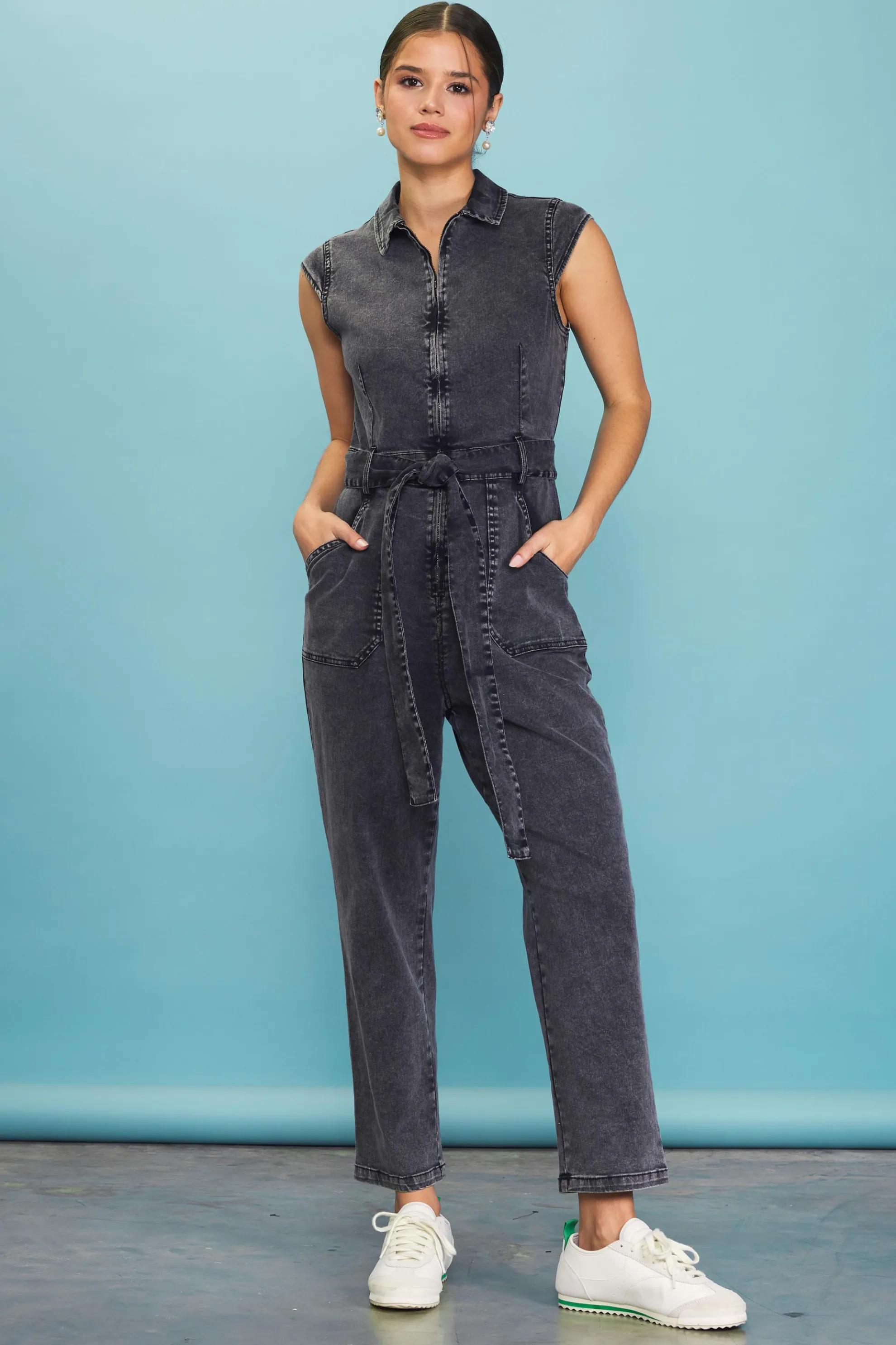 Sleeveless Washed Denim Jumpsuit
