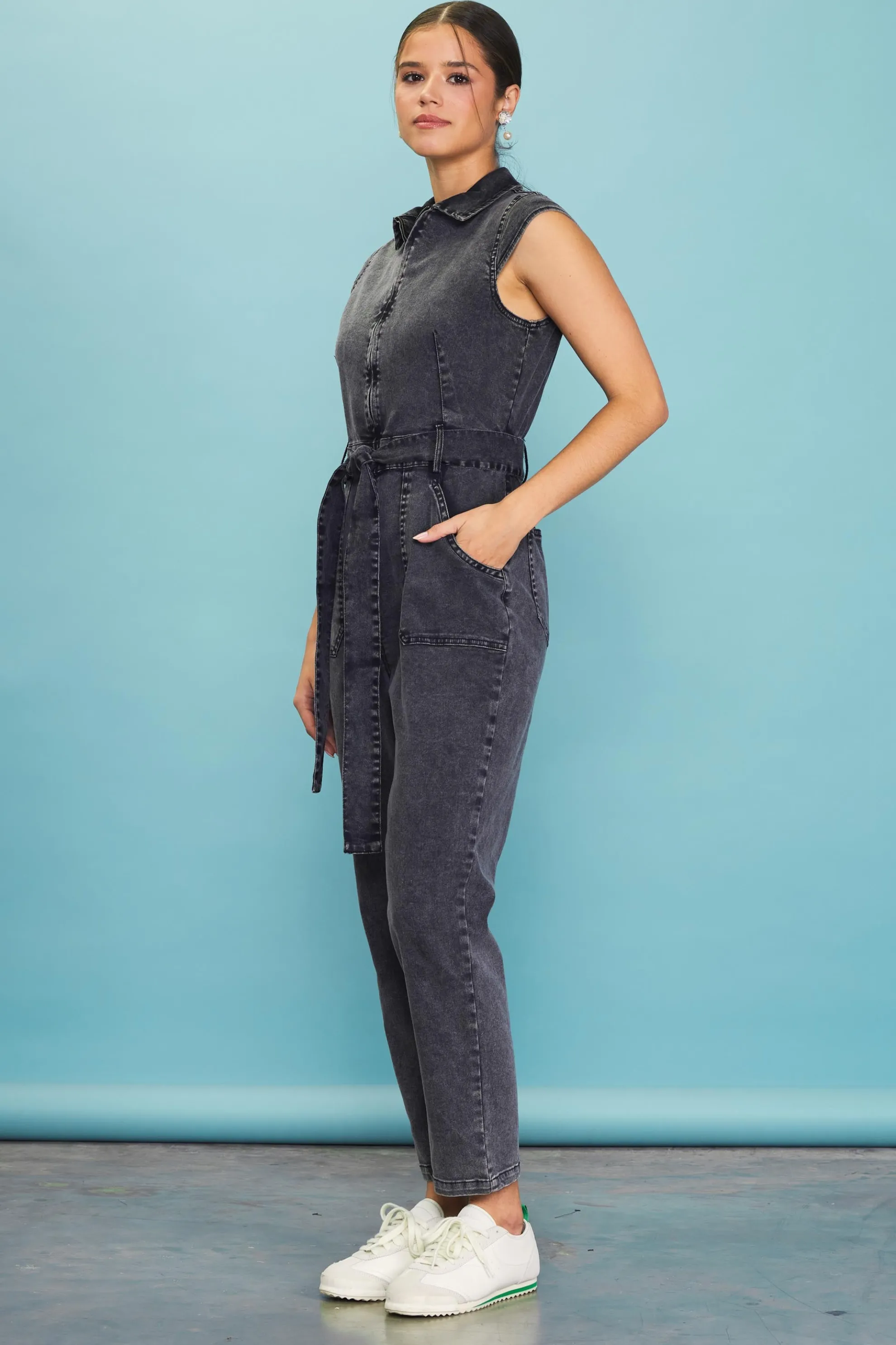 Sleeveless Washed Denim Jumpsuit