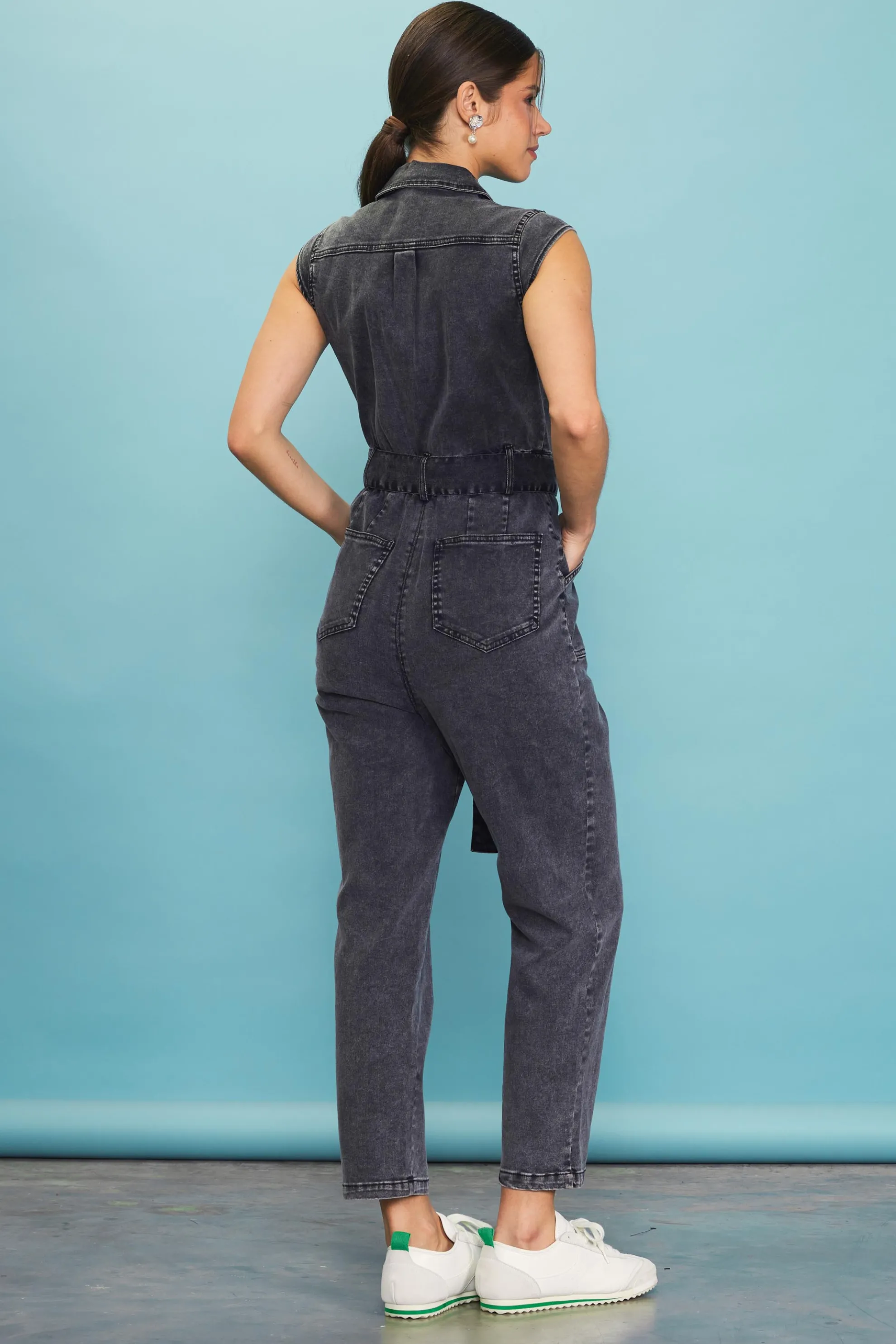 Sleeveless Washed Denim Jumpsuit