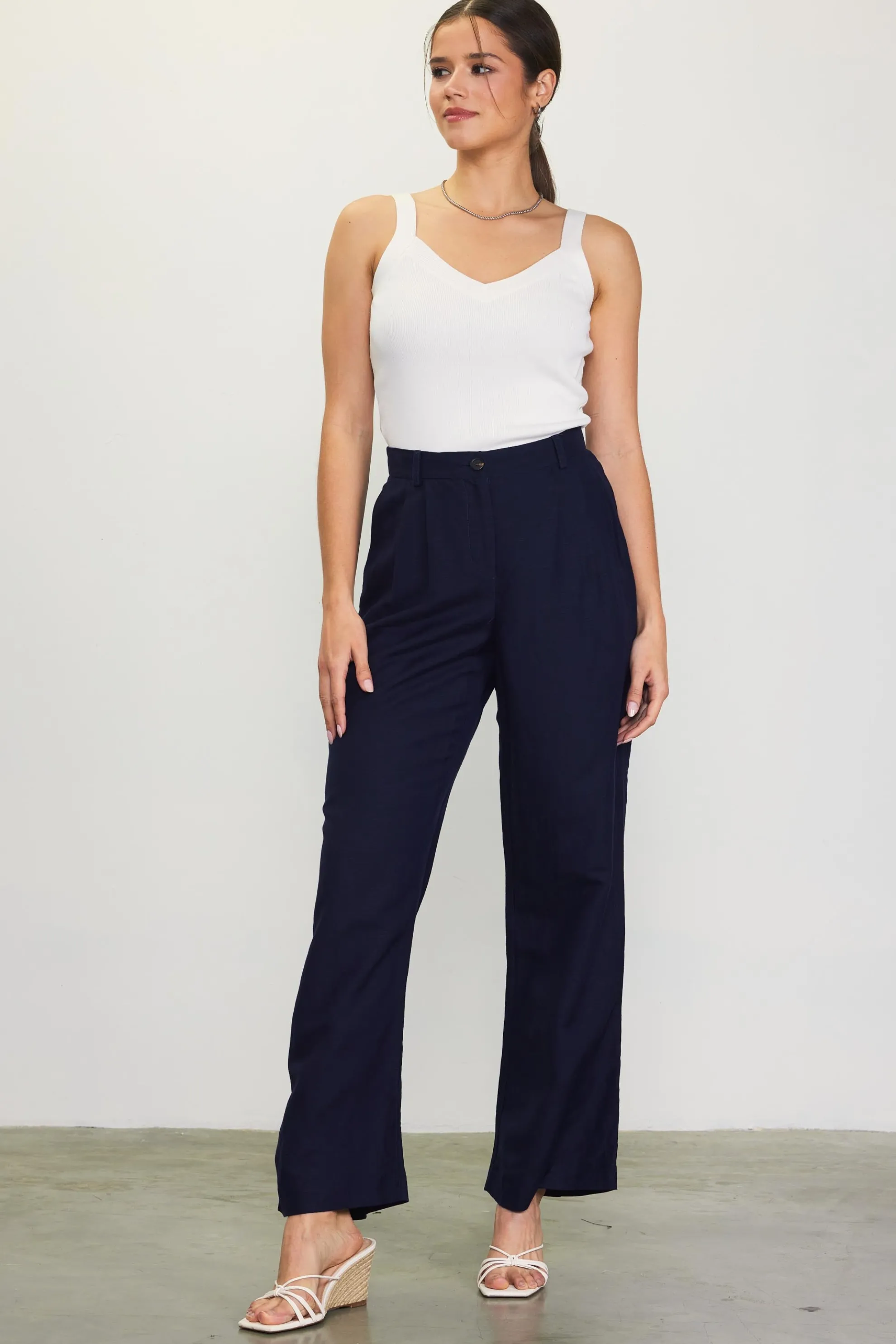 Linen Blend Wide Leg Trousers