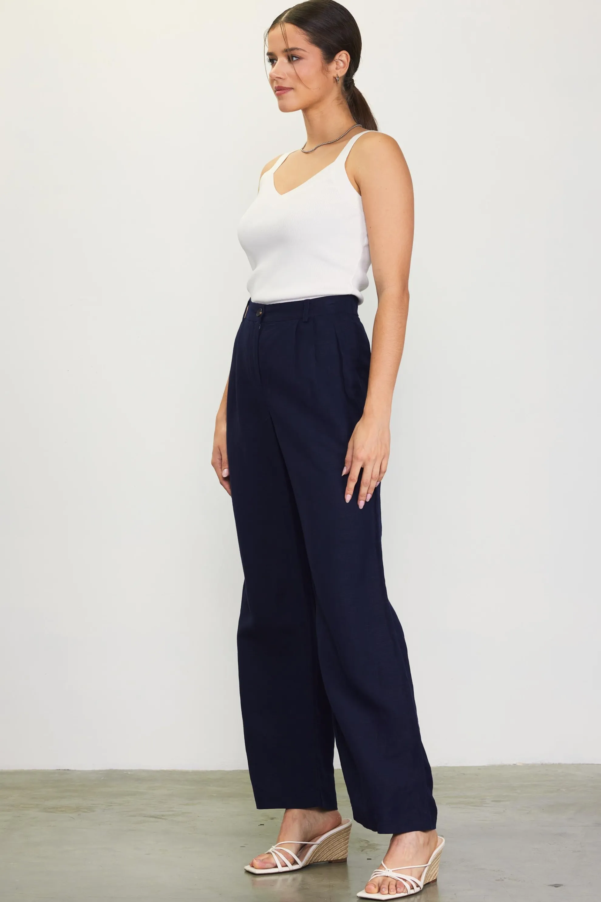 Linen Blend Wide Leg Trousers