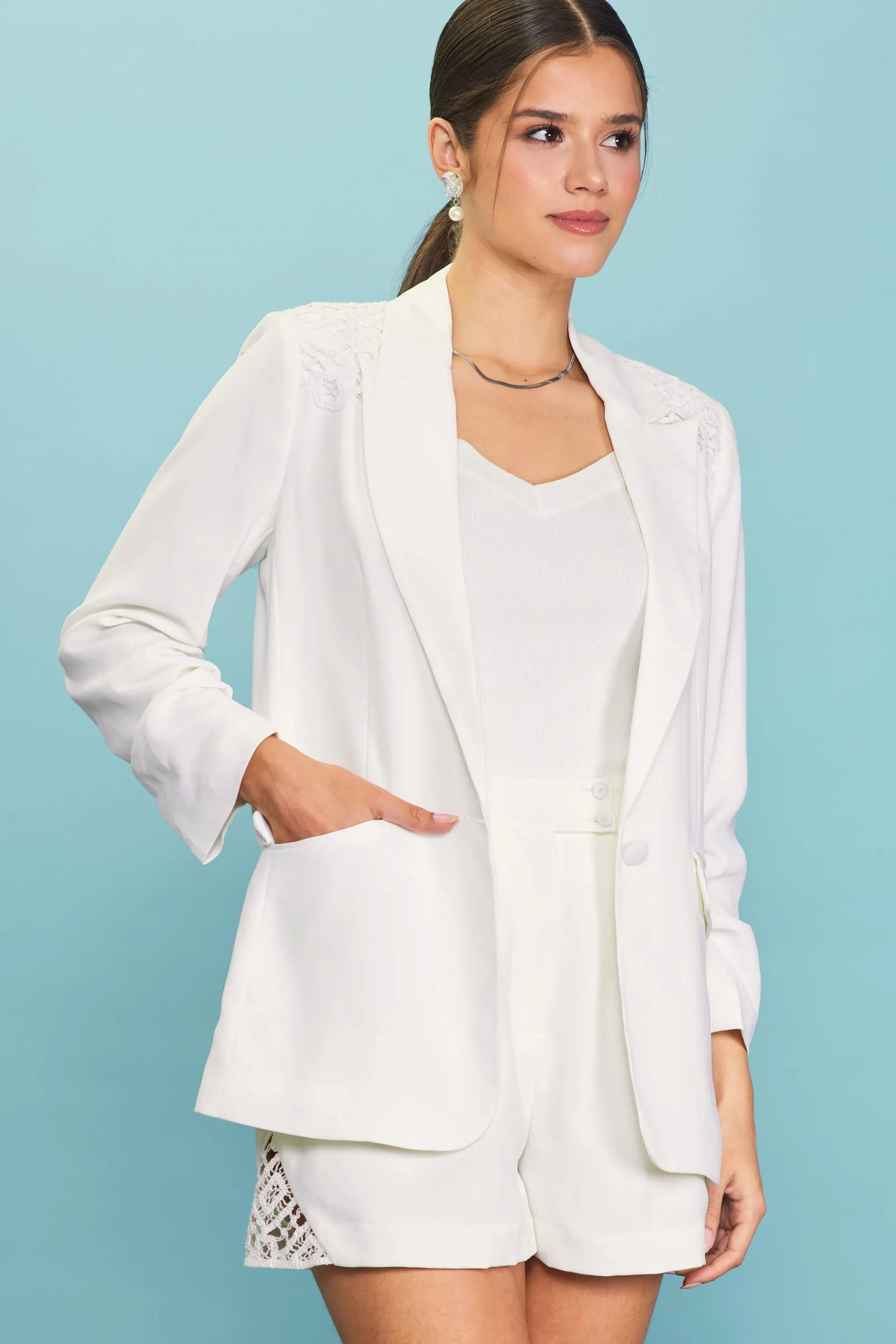 Crochet Trim Shirred Sleeve Blazer