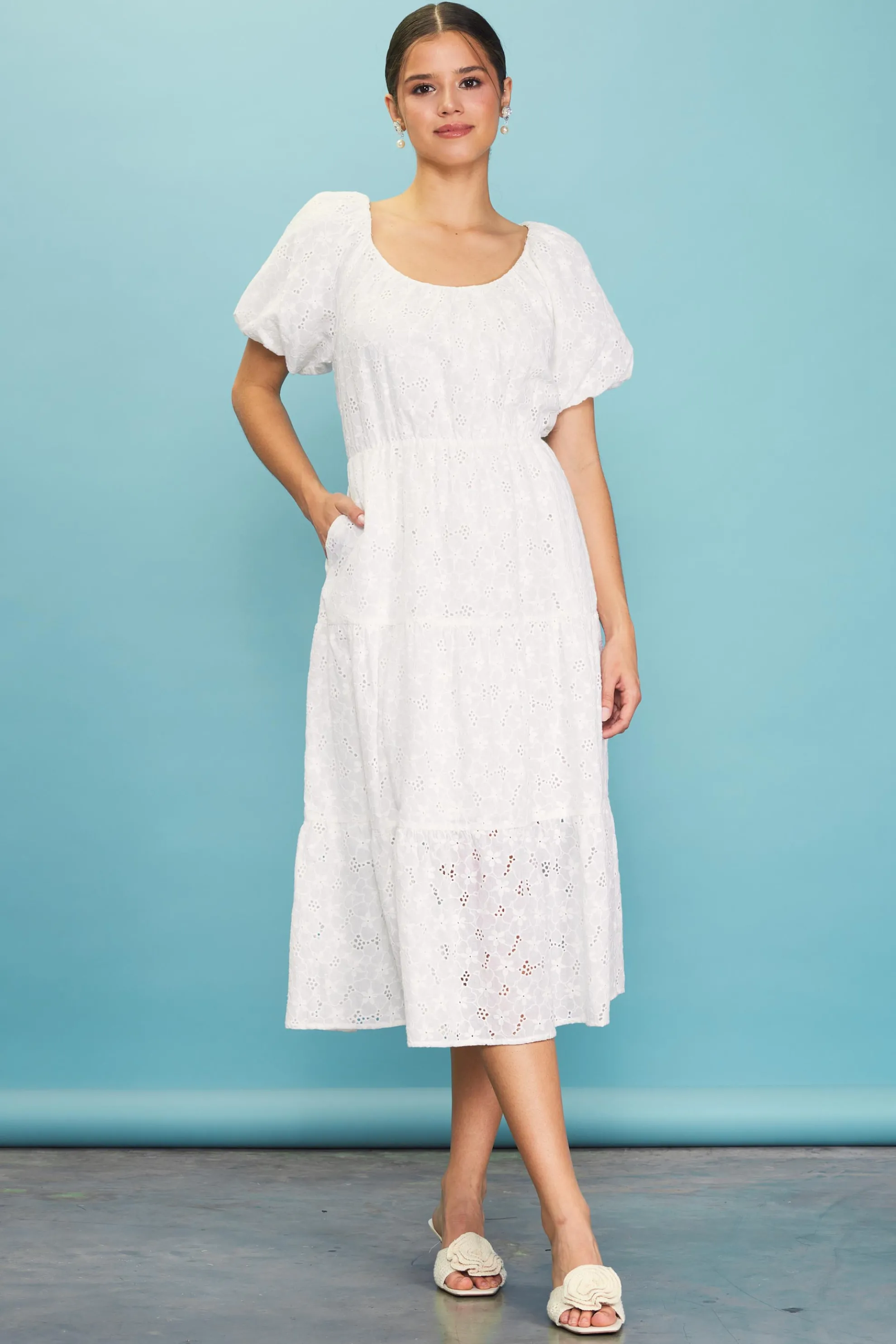 Puffed Sleeve Tiered Midi Dress