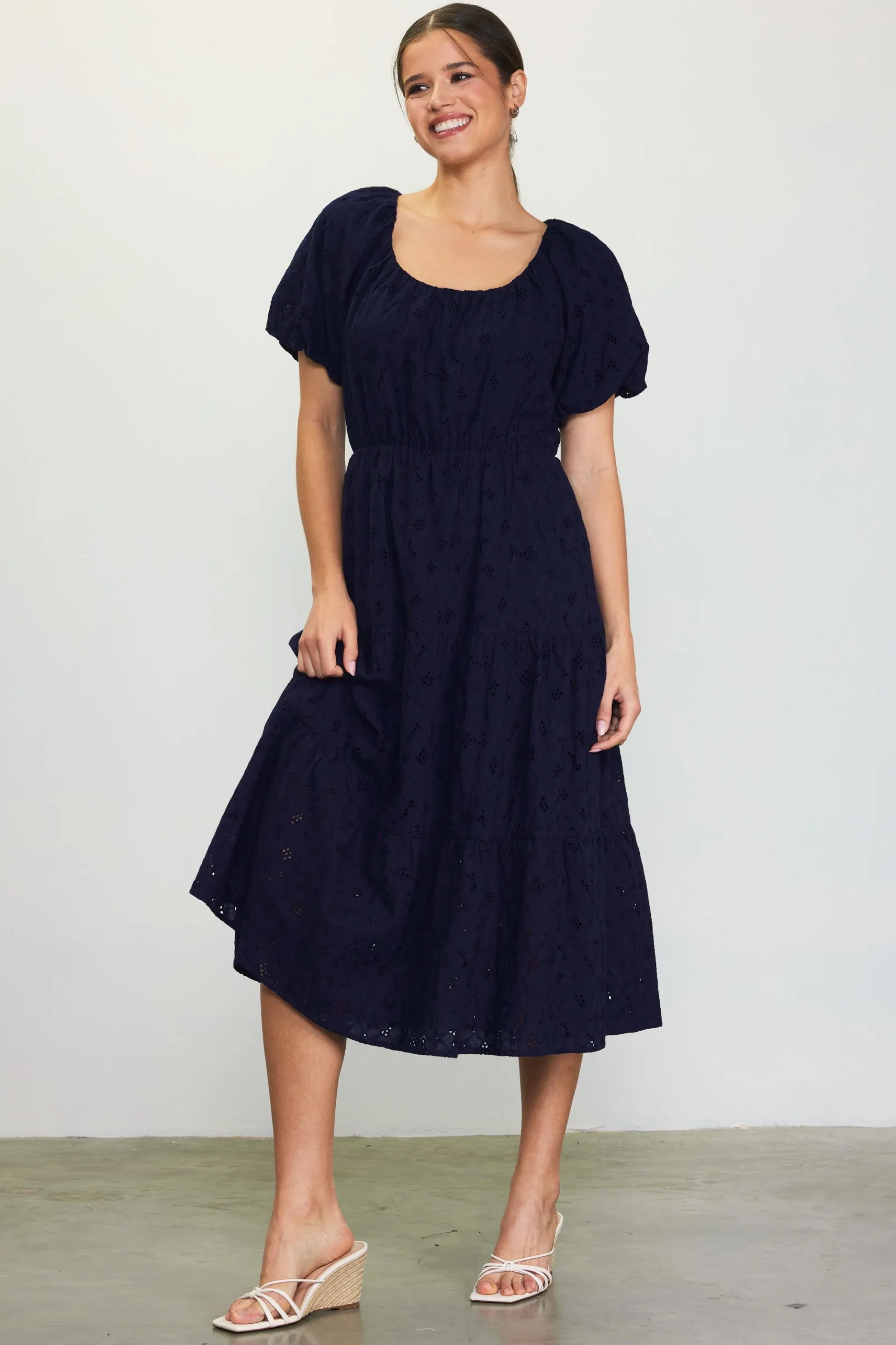 Puffed Sleeve Tiered Midi Dress
