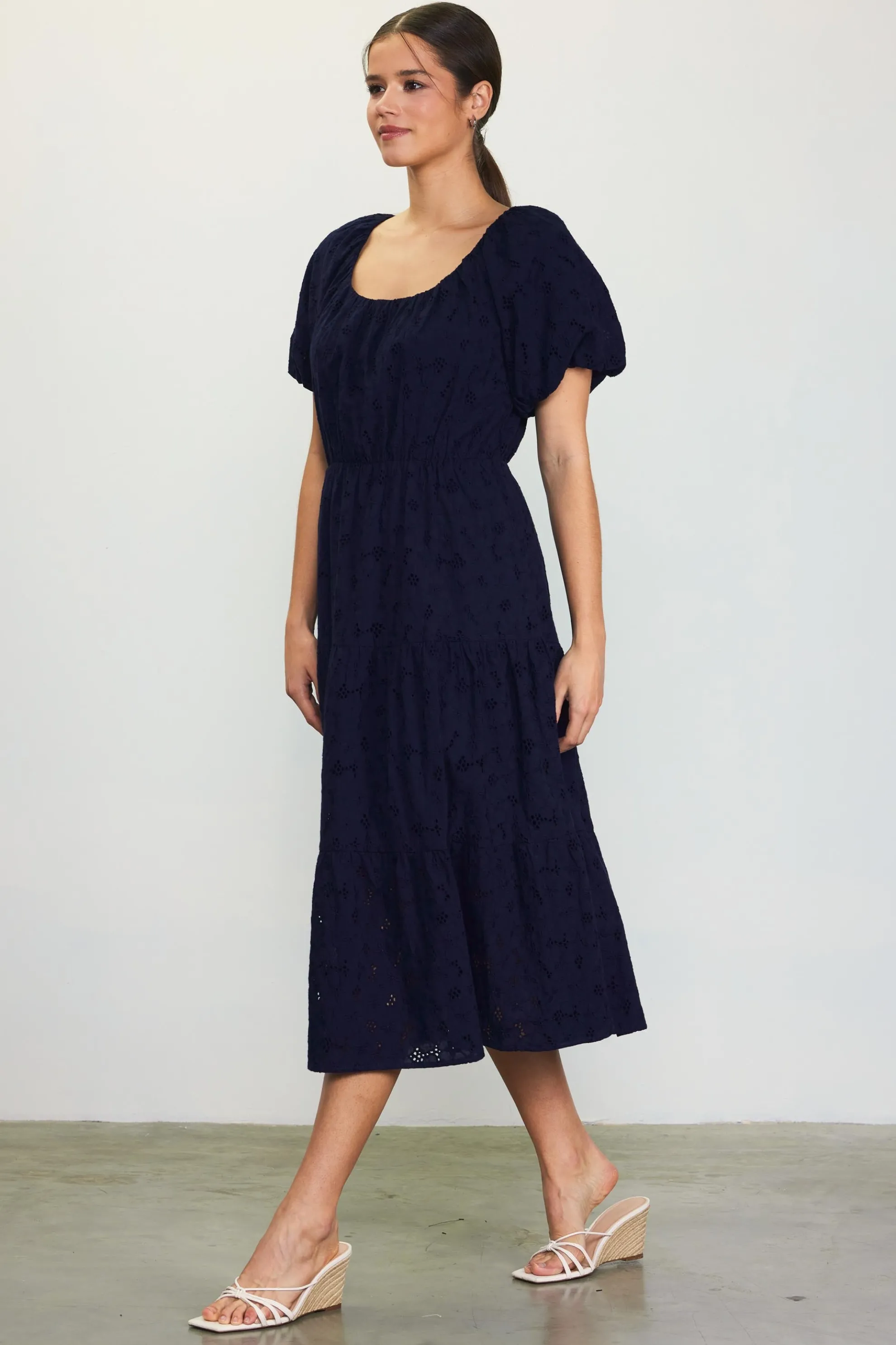 Puffed Sleeve Tiered Midi Dress