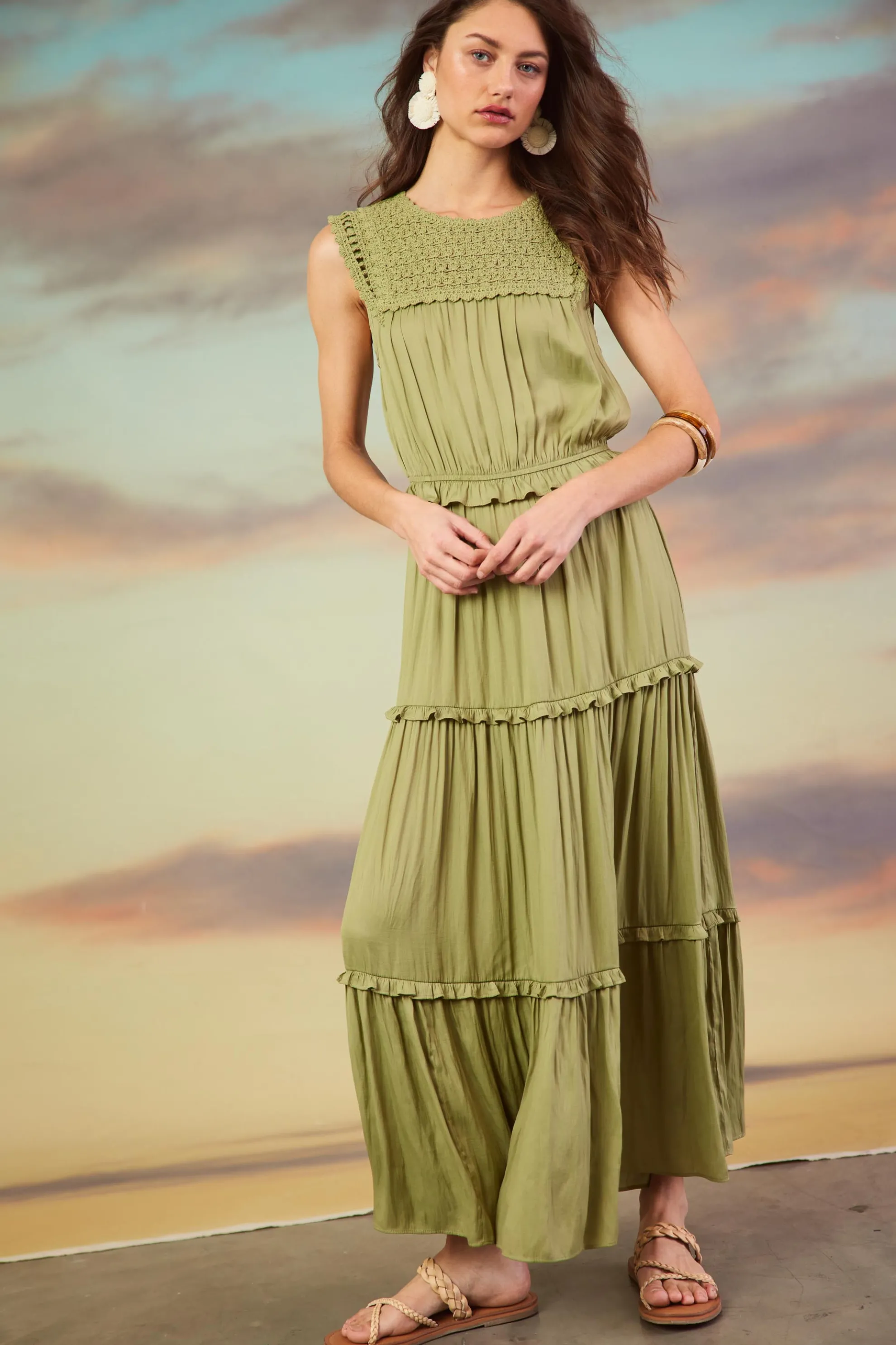 Mixed Media Ruffled Tiered Midi Dress