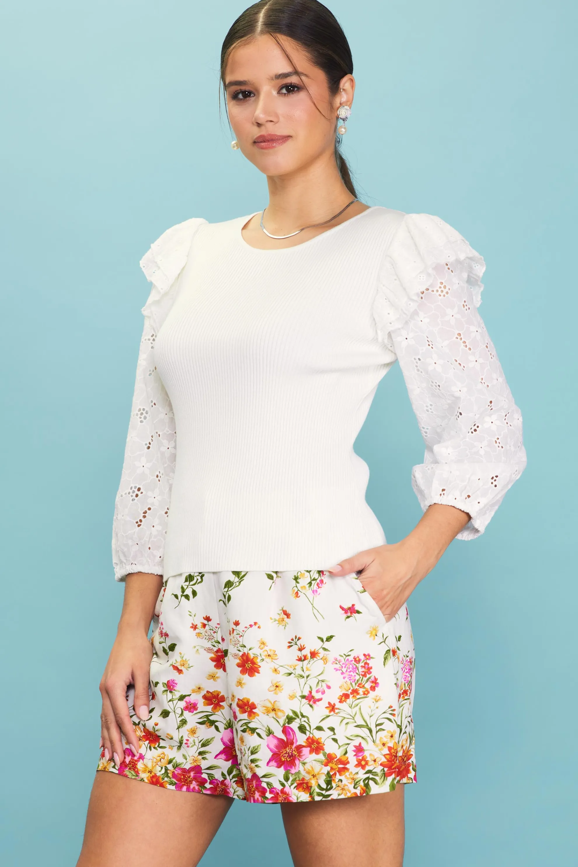 Eyelet Ruffle Sleeve Knit Top