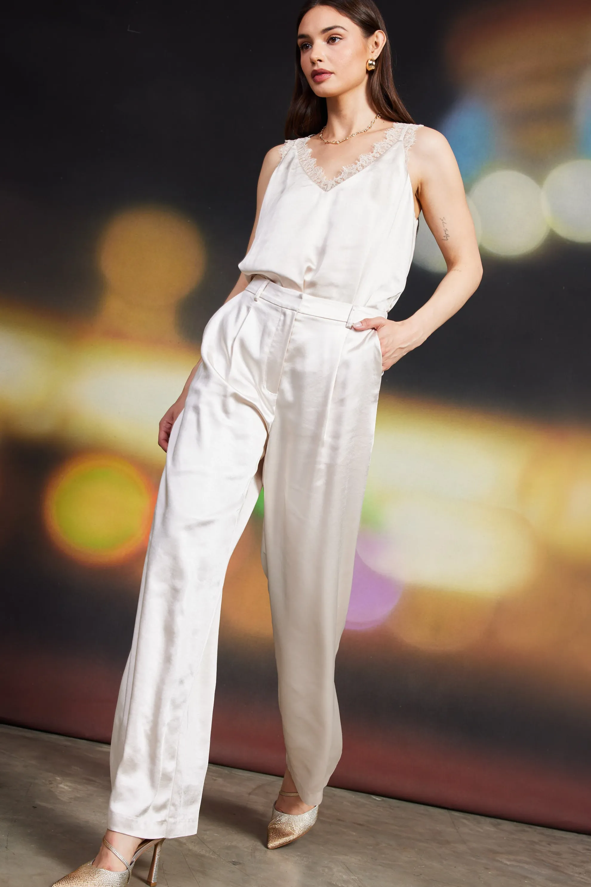 High Waisted Satin Straight Leg Pant