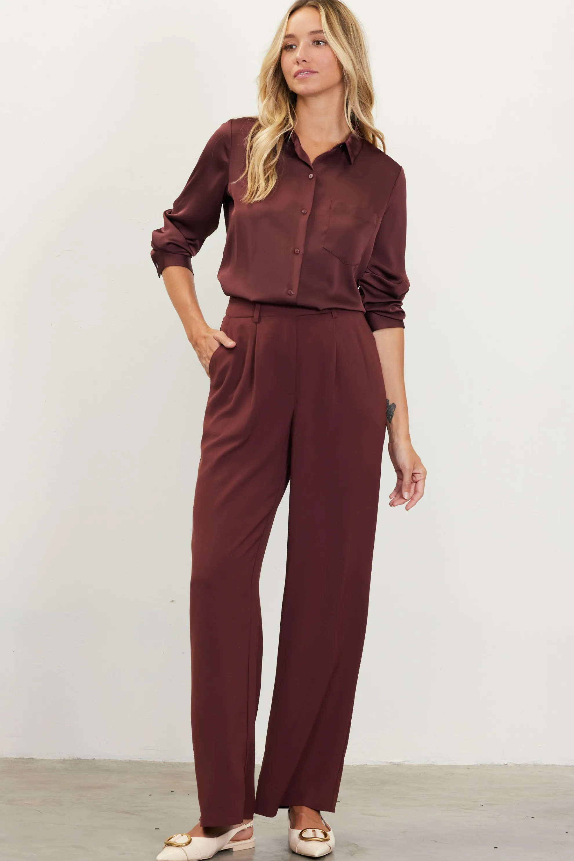 Pintuck Wide Leg Trousers