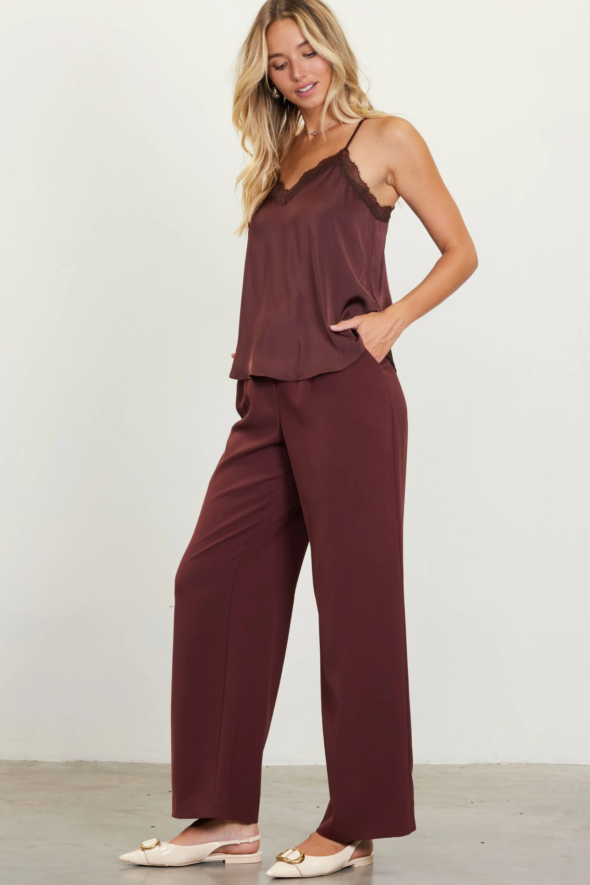 Pintuck Wide Leg Trousers
