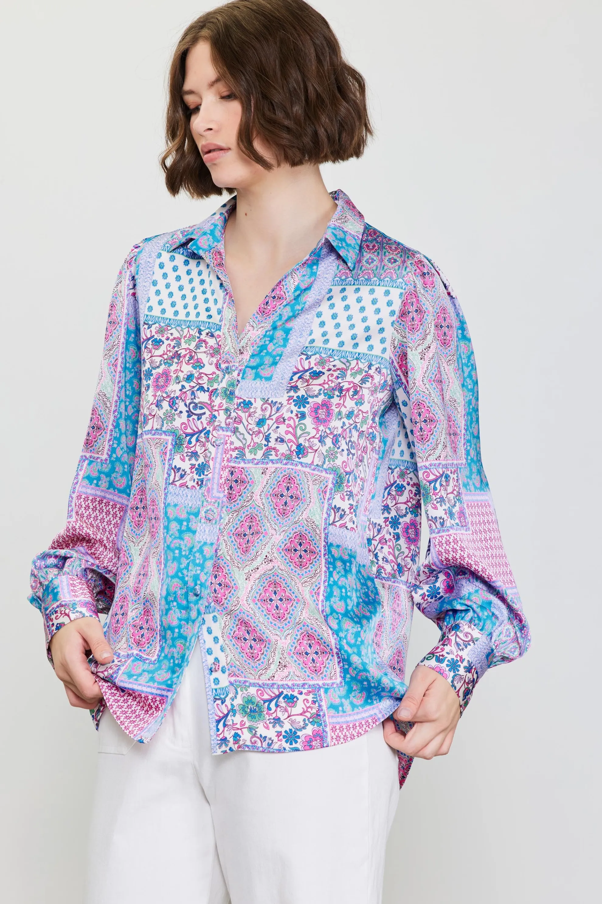 Patch Print Button Down Blouse