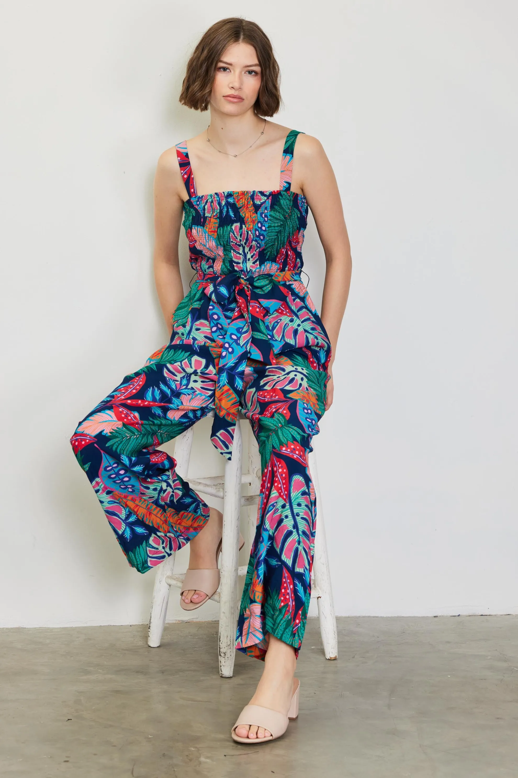 Ula Tropical Print Smocked Jumpsuit