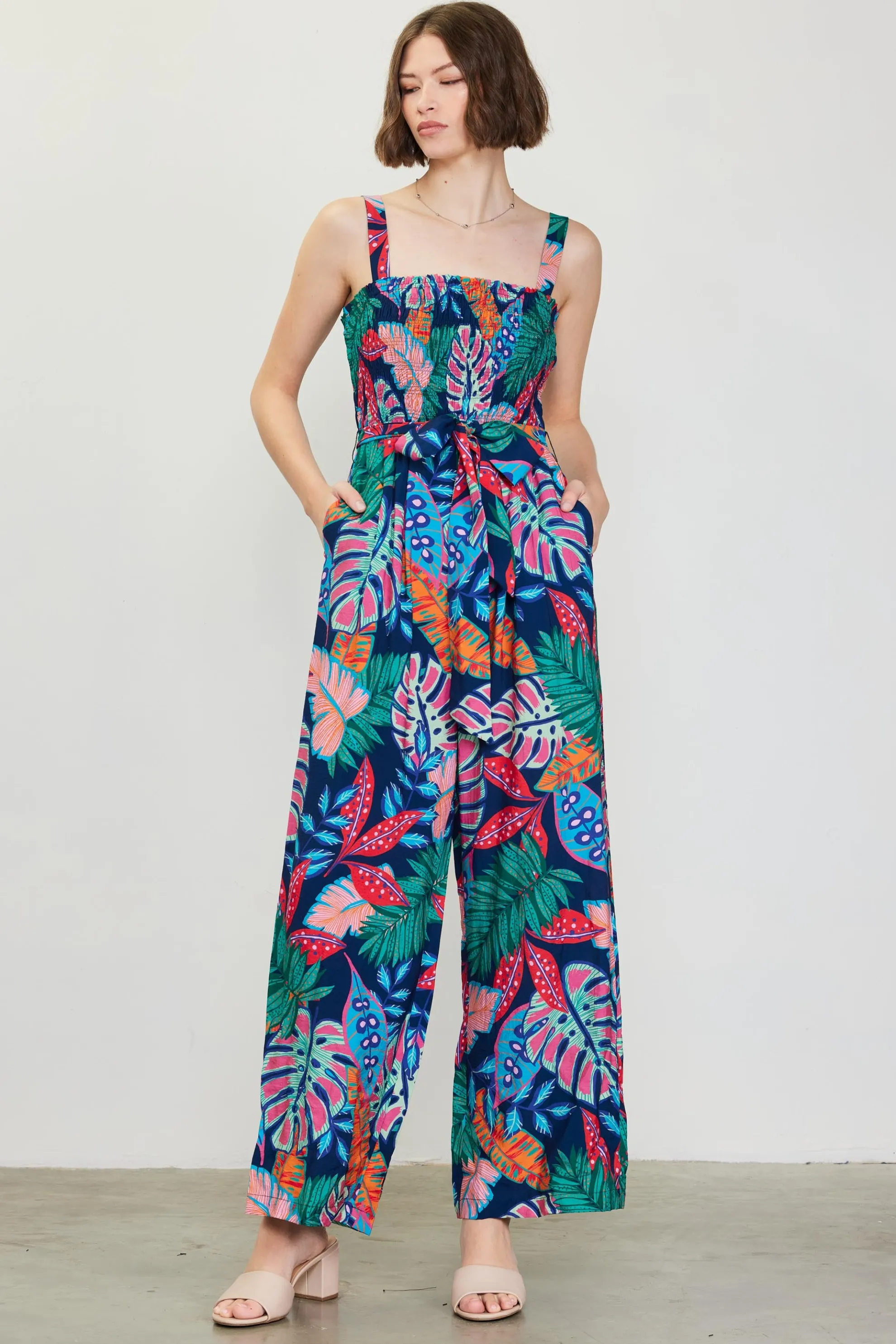 Ula Tropical Print Smocked Jumpsuit