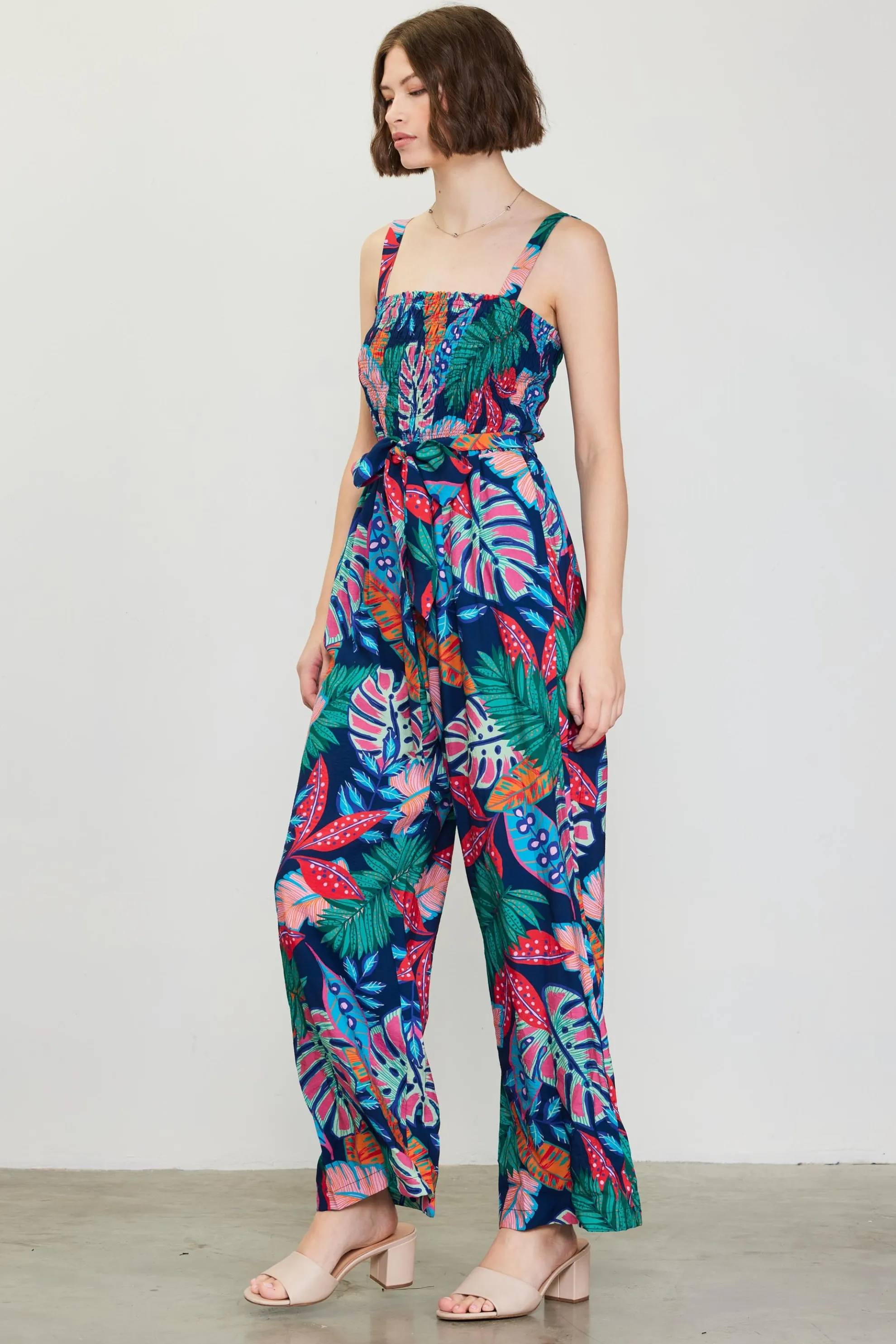 Ula Tropical Print Smocked Jumpsuit