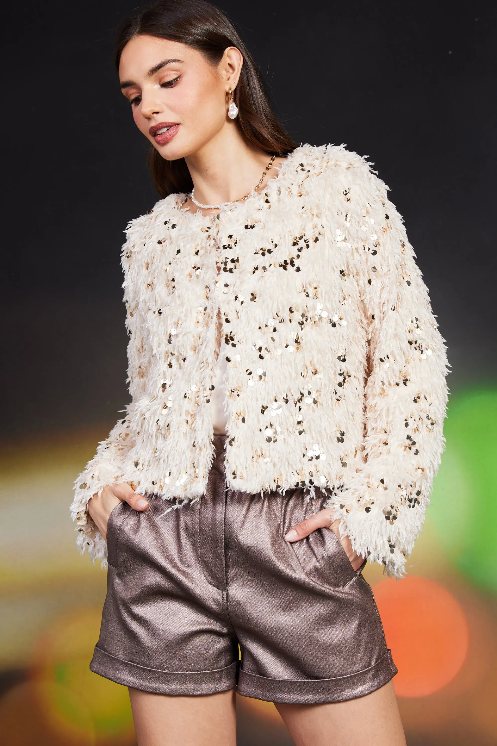 Wren Feathered Sequin Crop Jacket