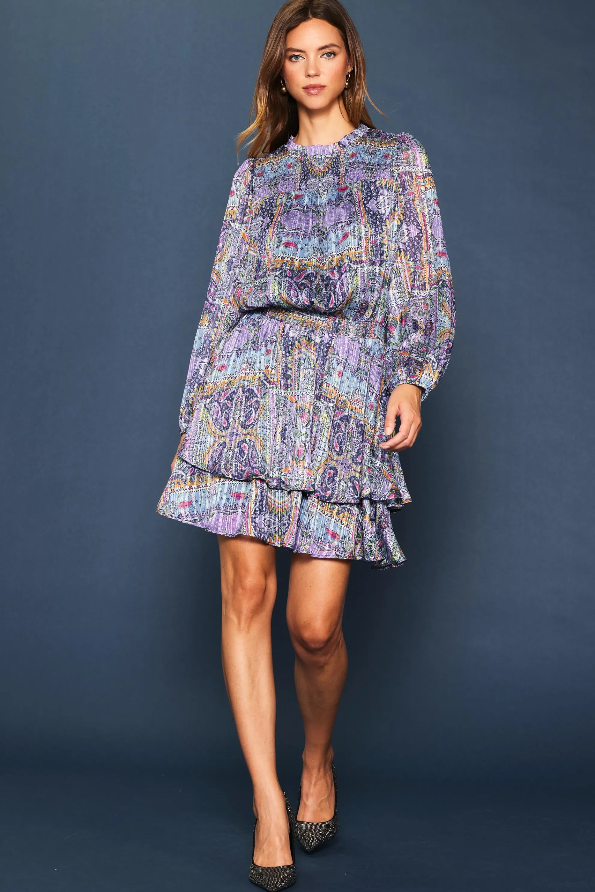 Paisley Motif Smocked Mini Dress