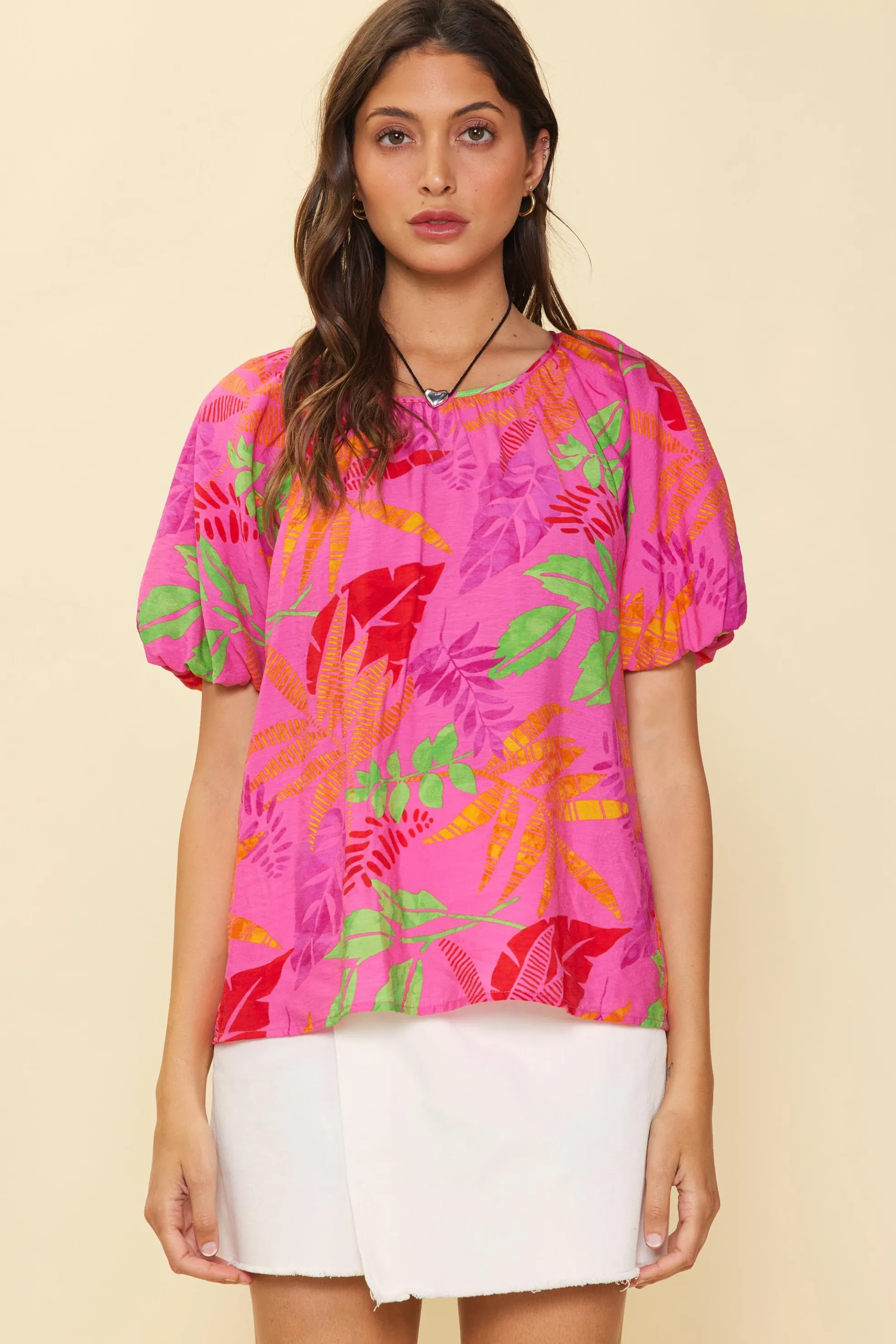 Tropical Print Bubble Sleeve Top
