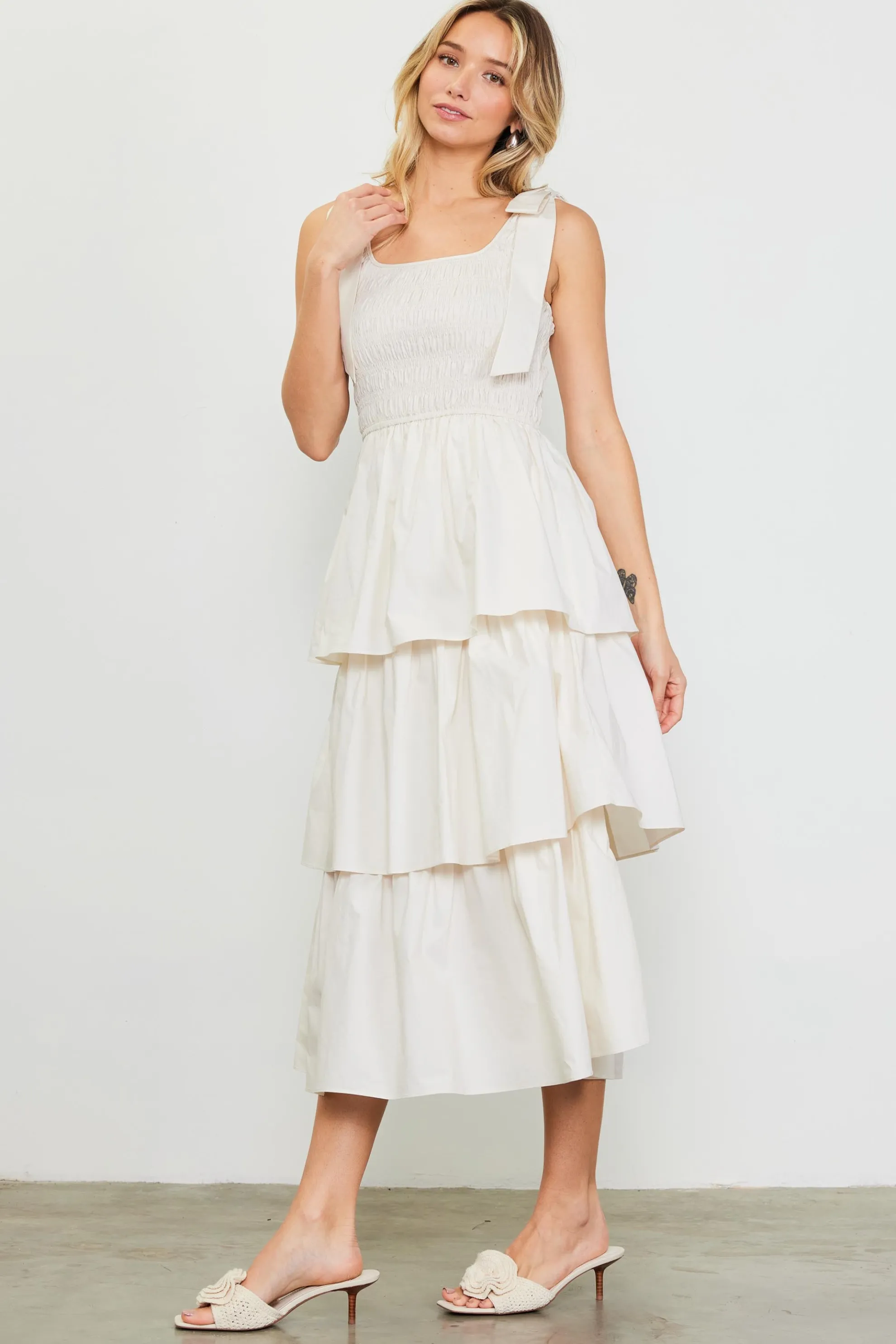 Smocked Bodice Ribbon Detail Tiered Midi Dress