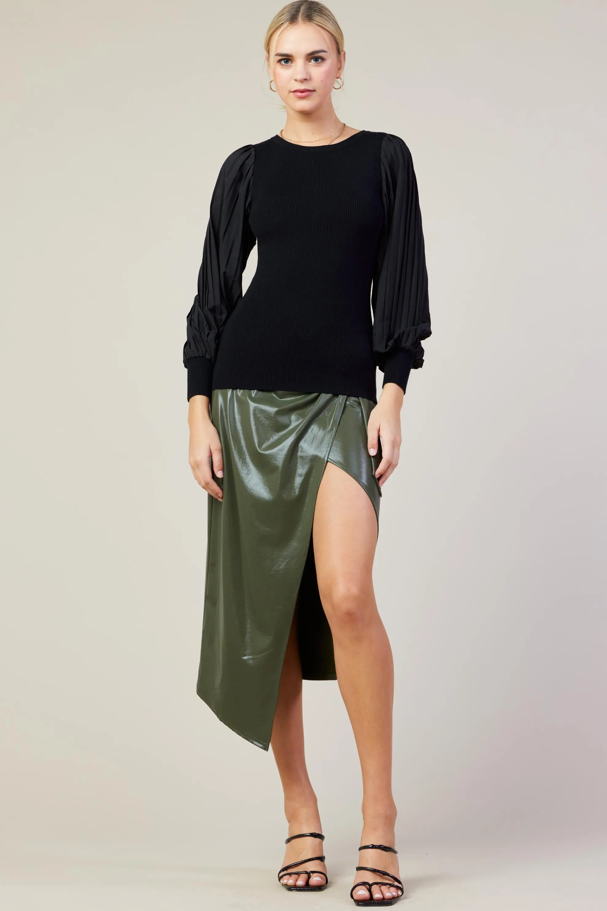 Mixed Media Pleated Sleeve Top