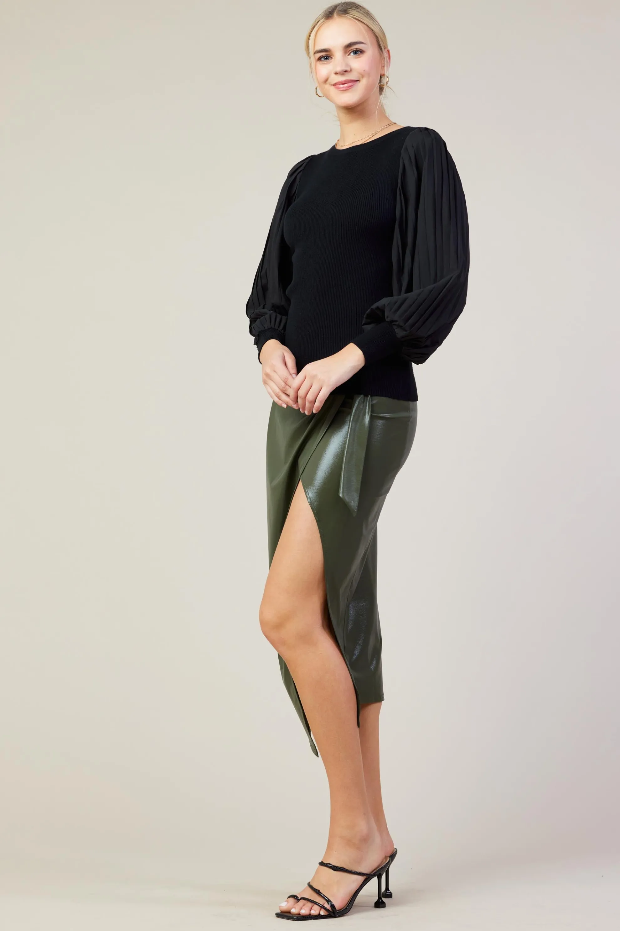 Mixed Media Pleated Sleeve Top