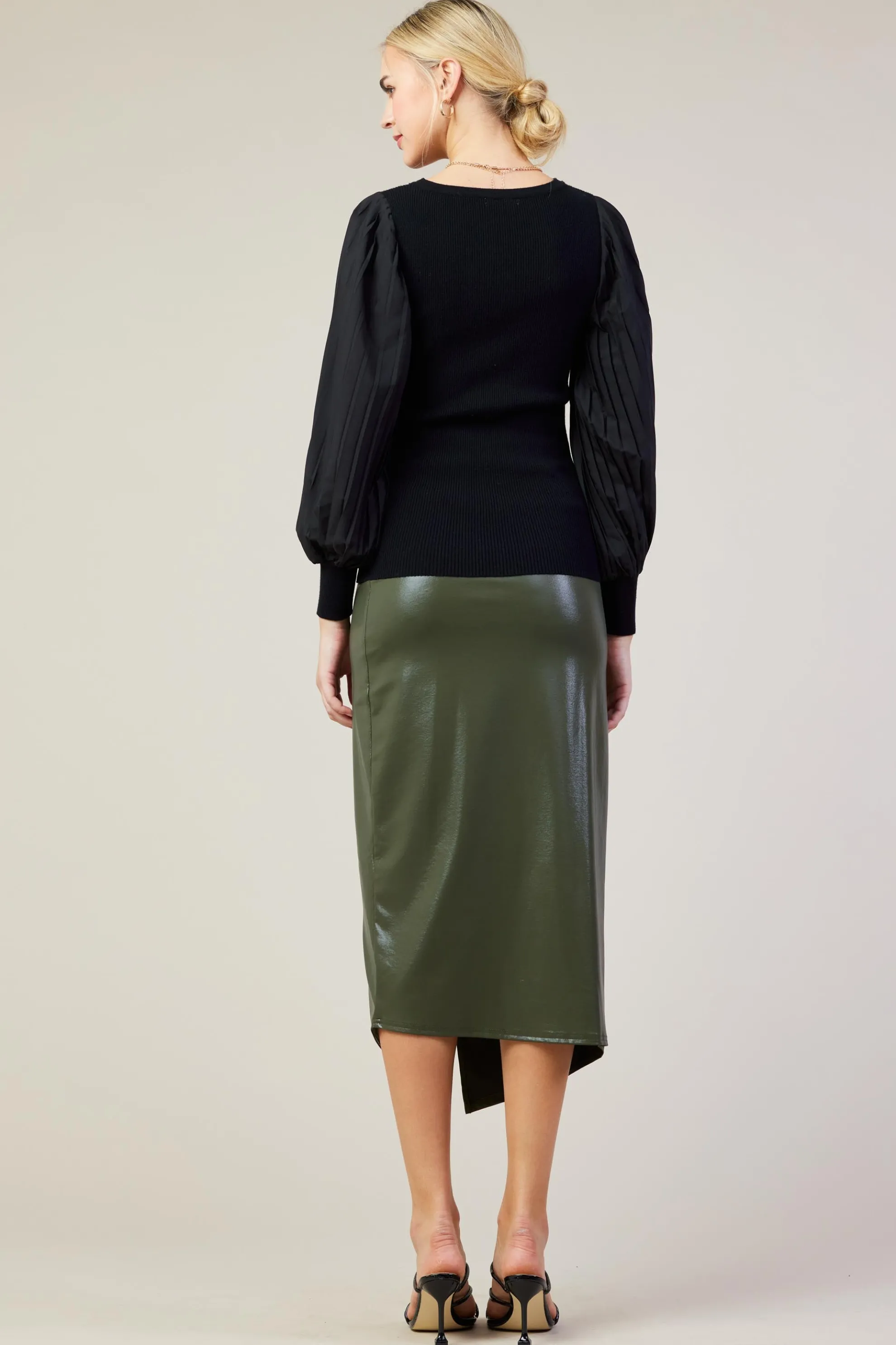 Mixed Media Pleated Sleeve Top