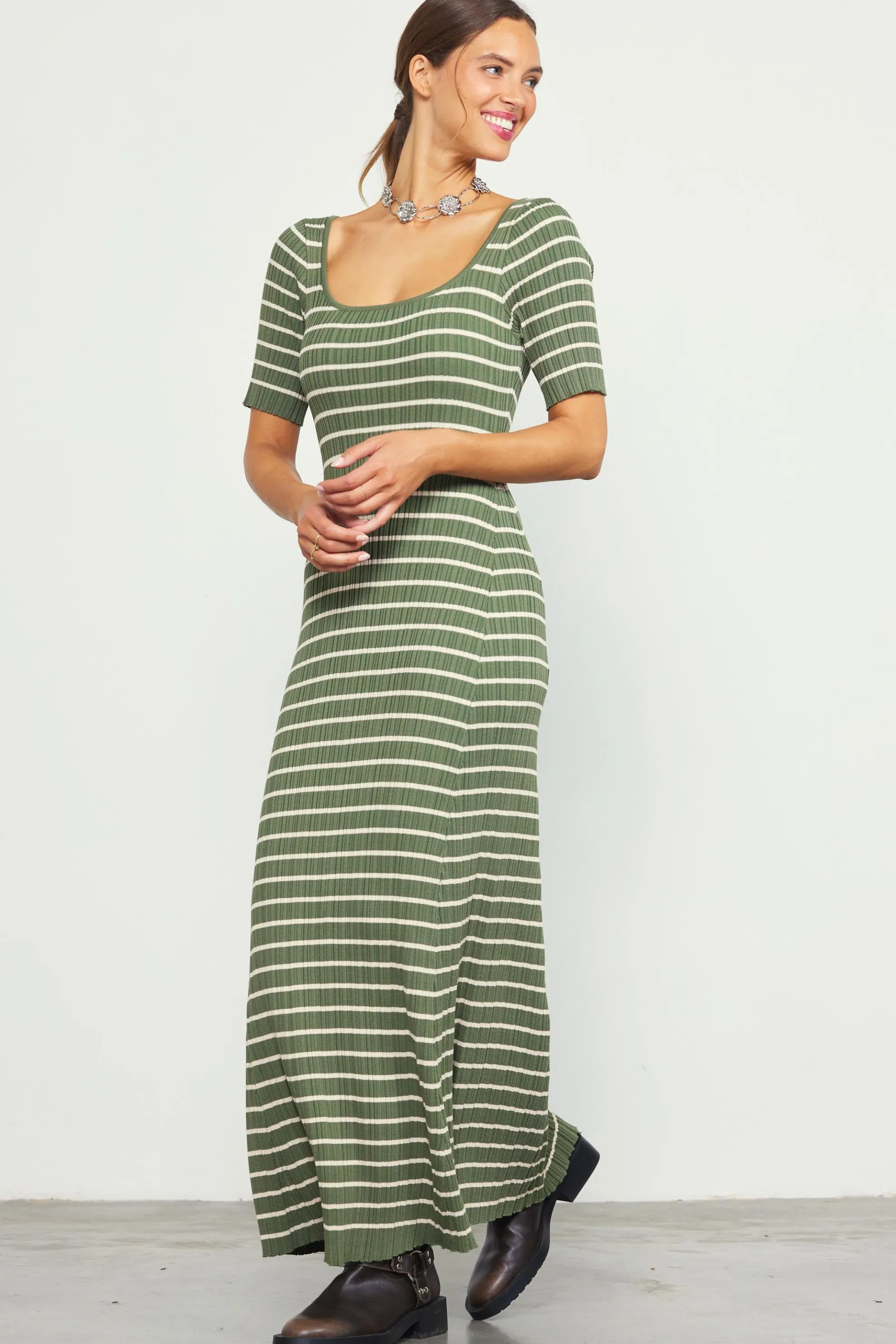 Short Sleeve Striped Knit Maxi Dress