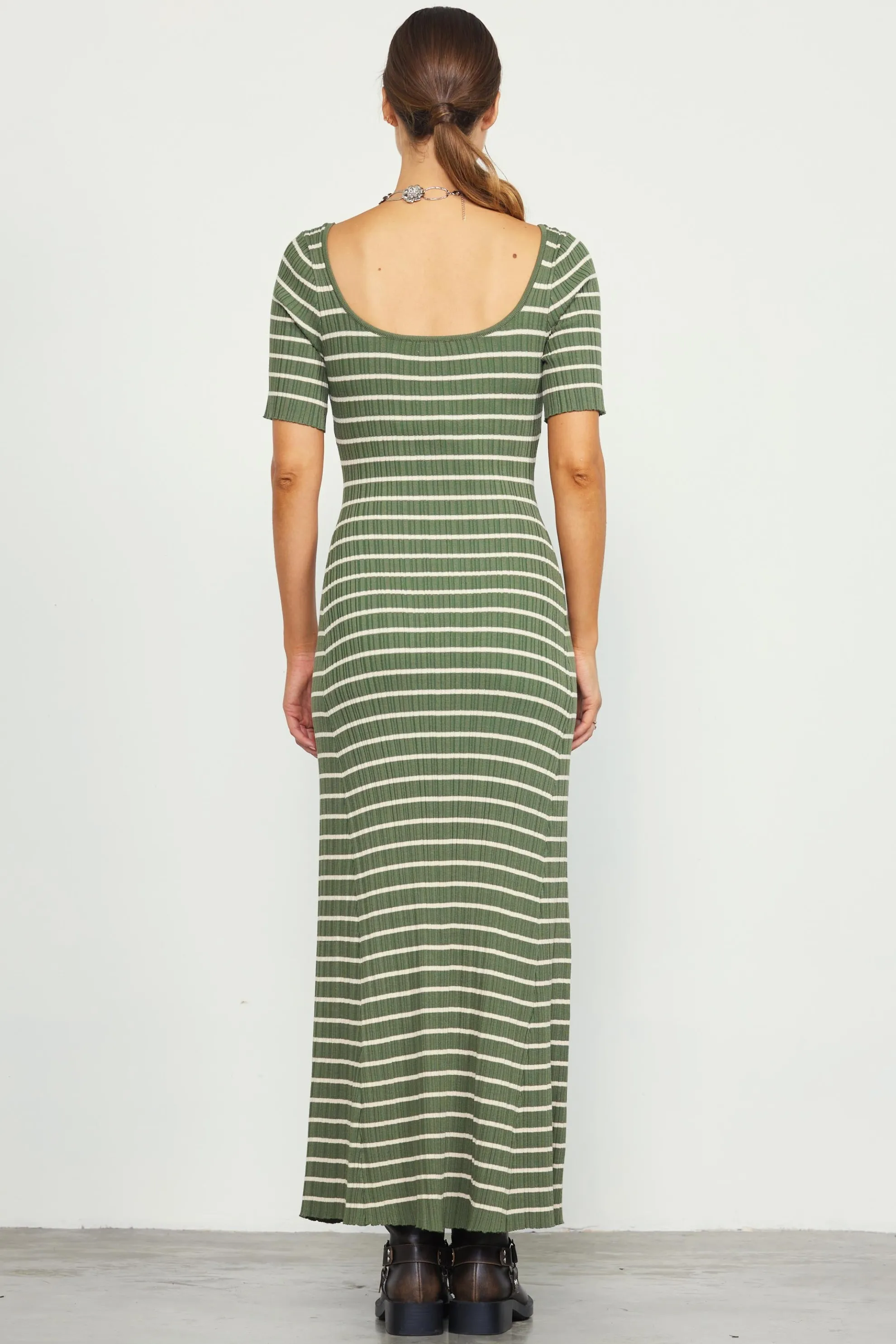 Short Sleeve Striped Knit Maxi Dress