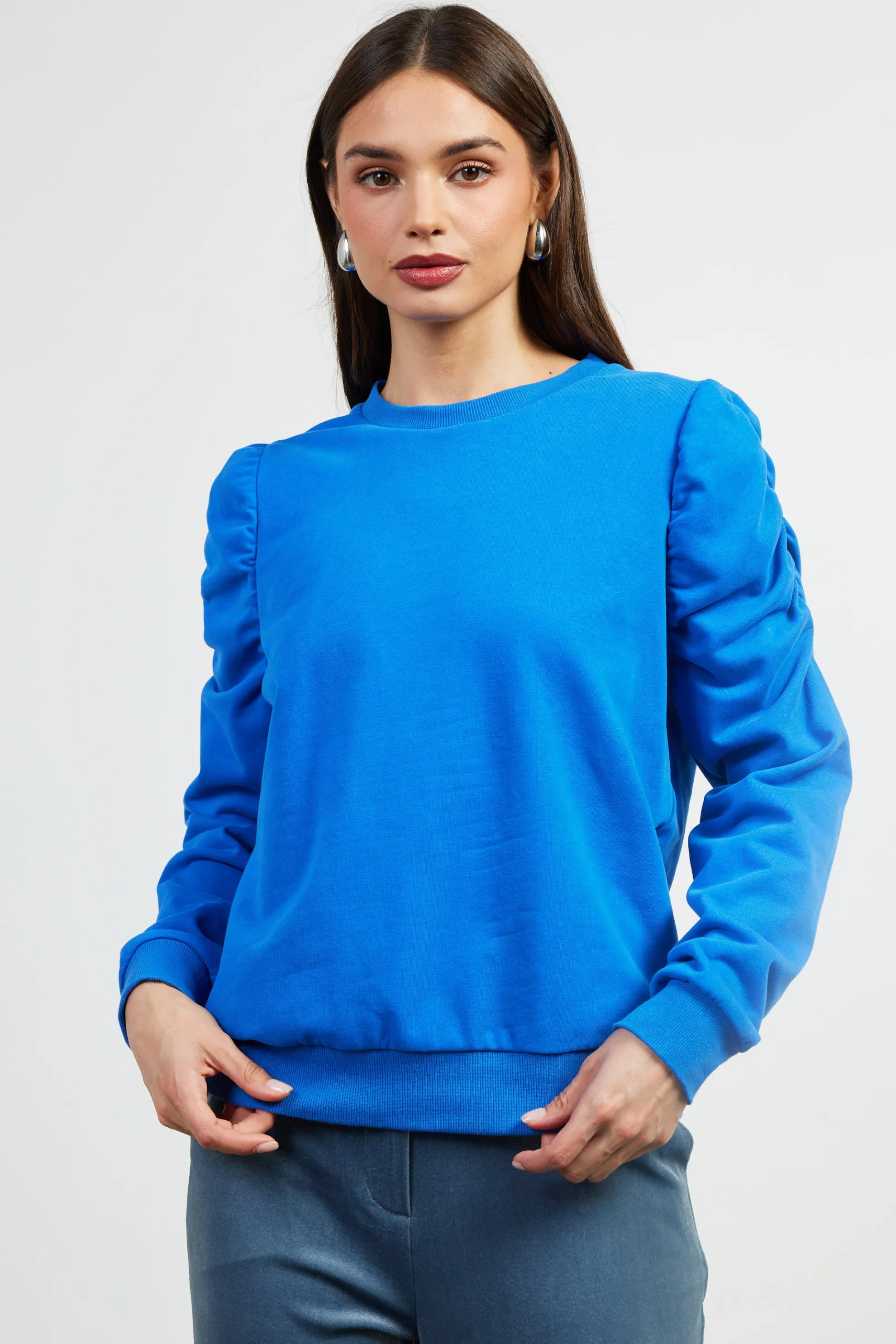 Ruched Sleeves Crewneck Sweatshirt