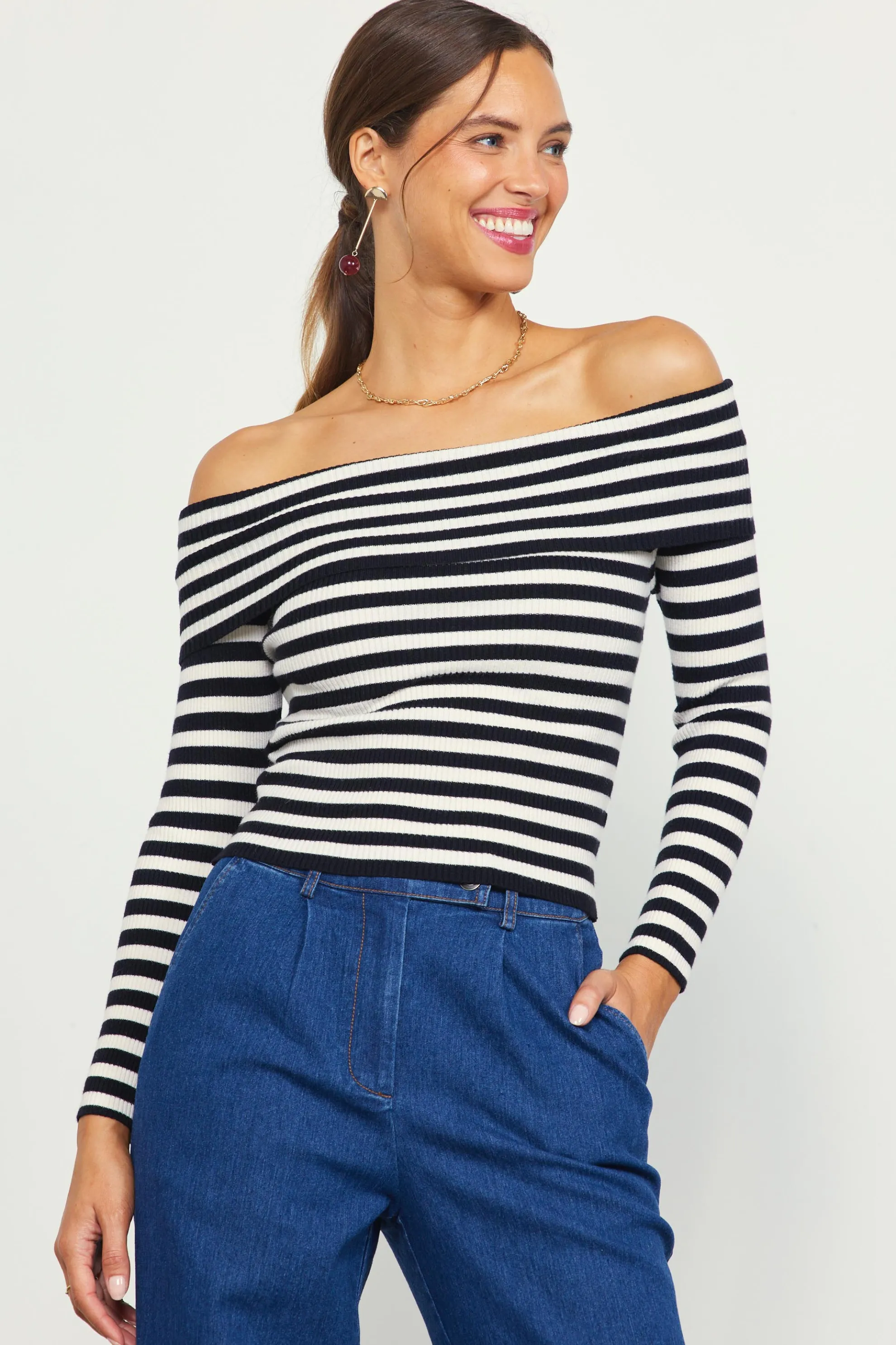 Off Shoulder Stripped Knit Top