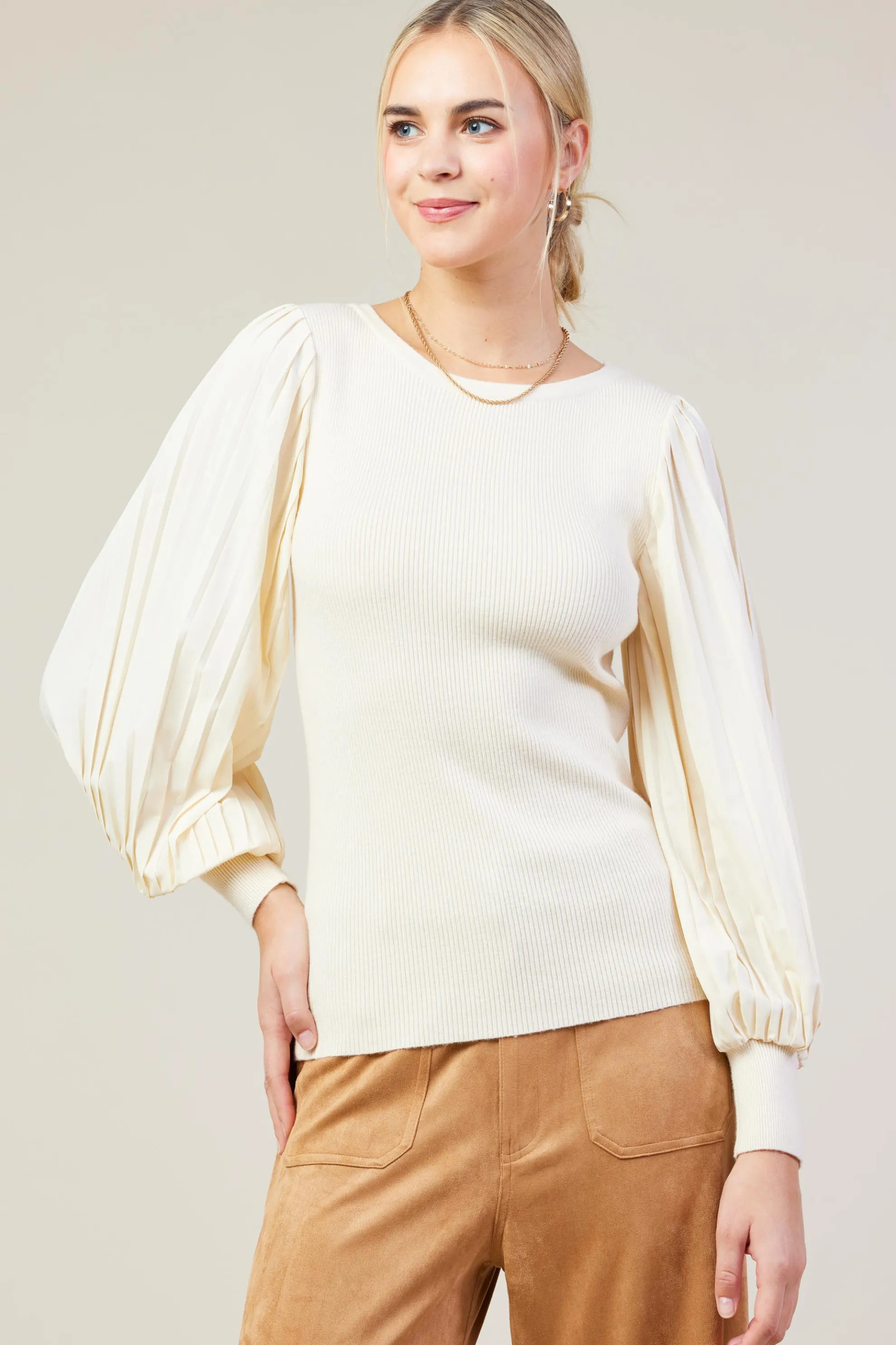 Mixed Media Pleated Sleeve Top