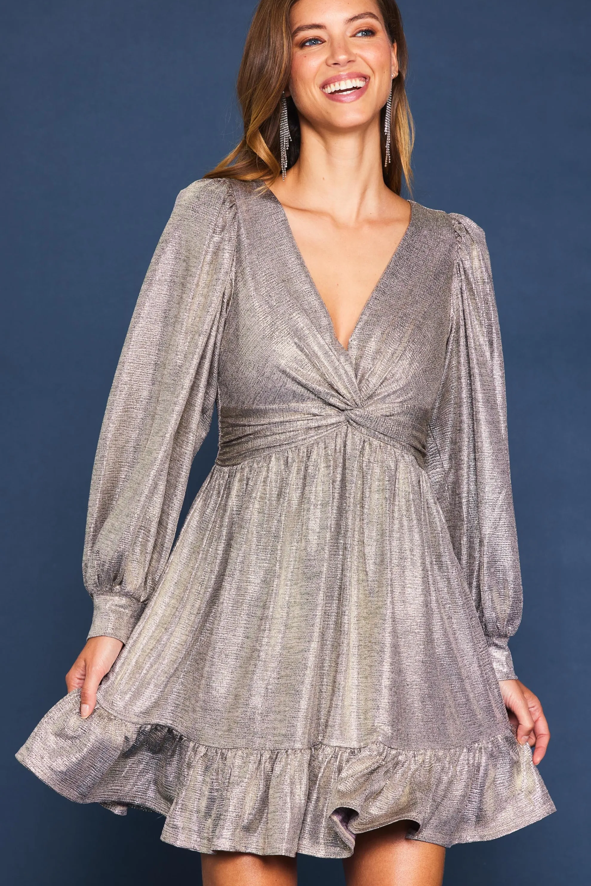 Metallic Front Twist Mini Dress