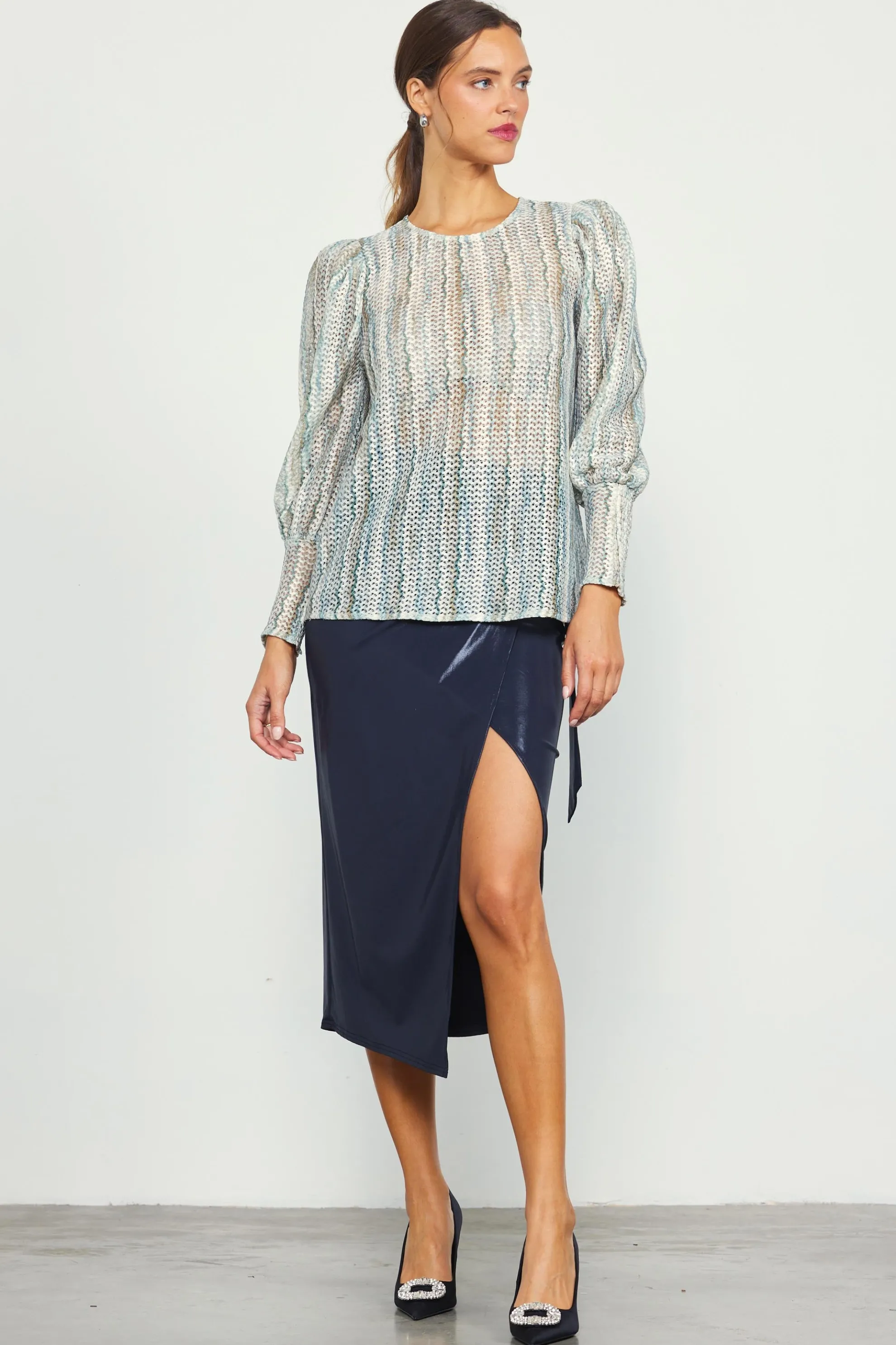 Printed Crochet Round Neck Top