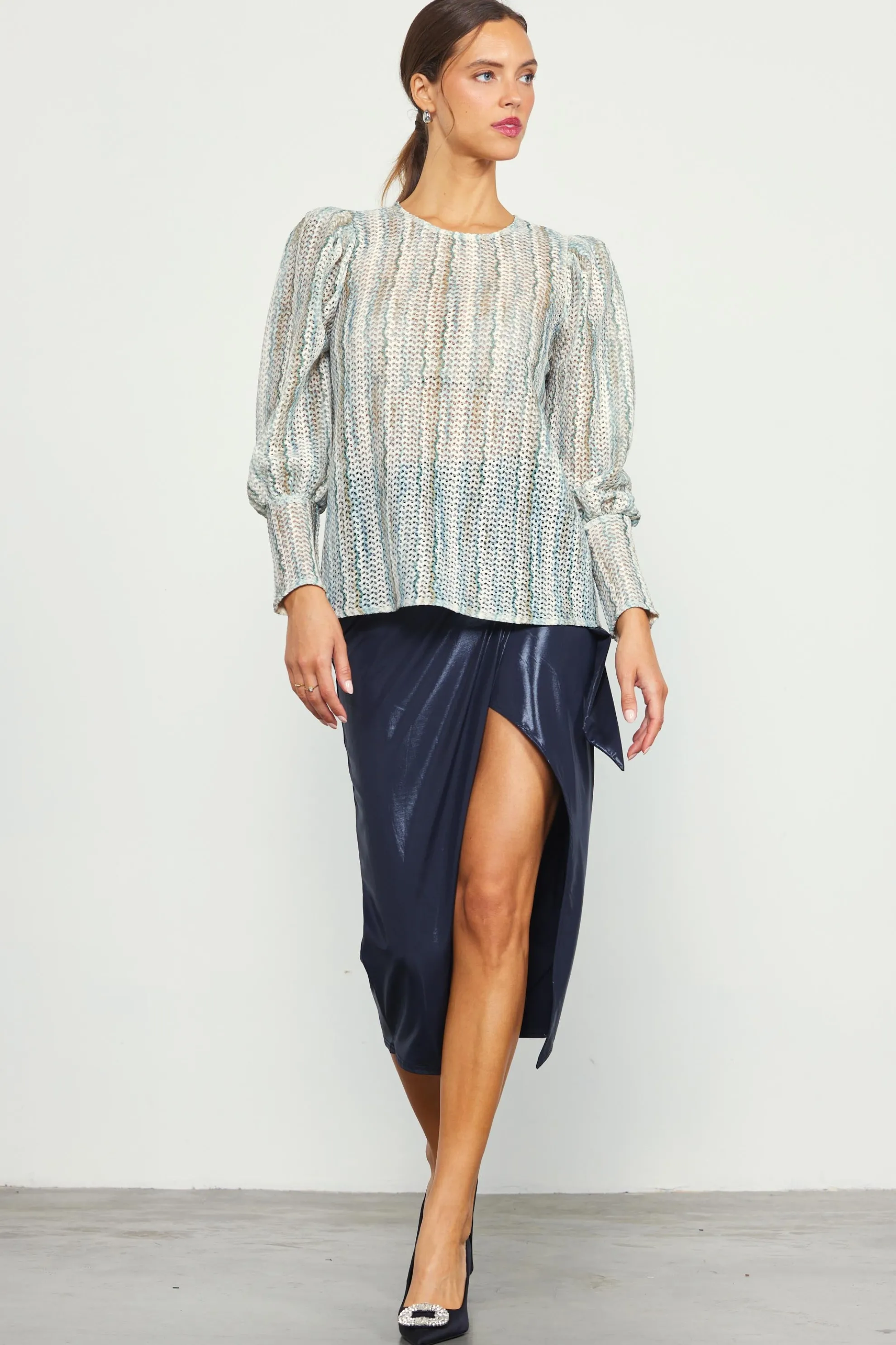 Printed Crochet Round Neck Top