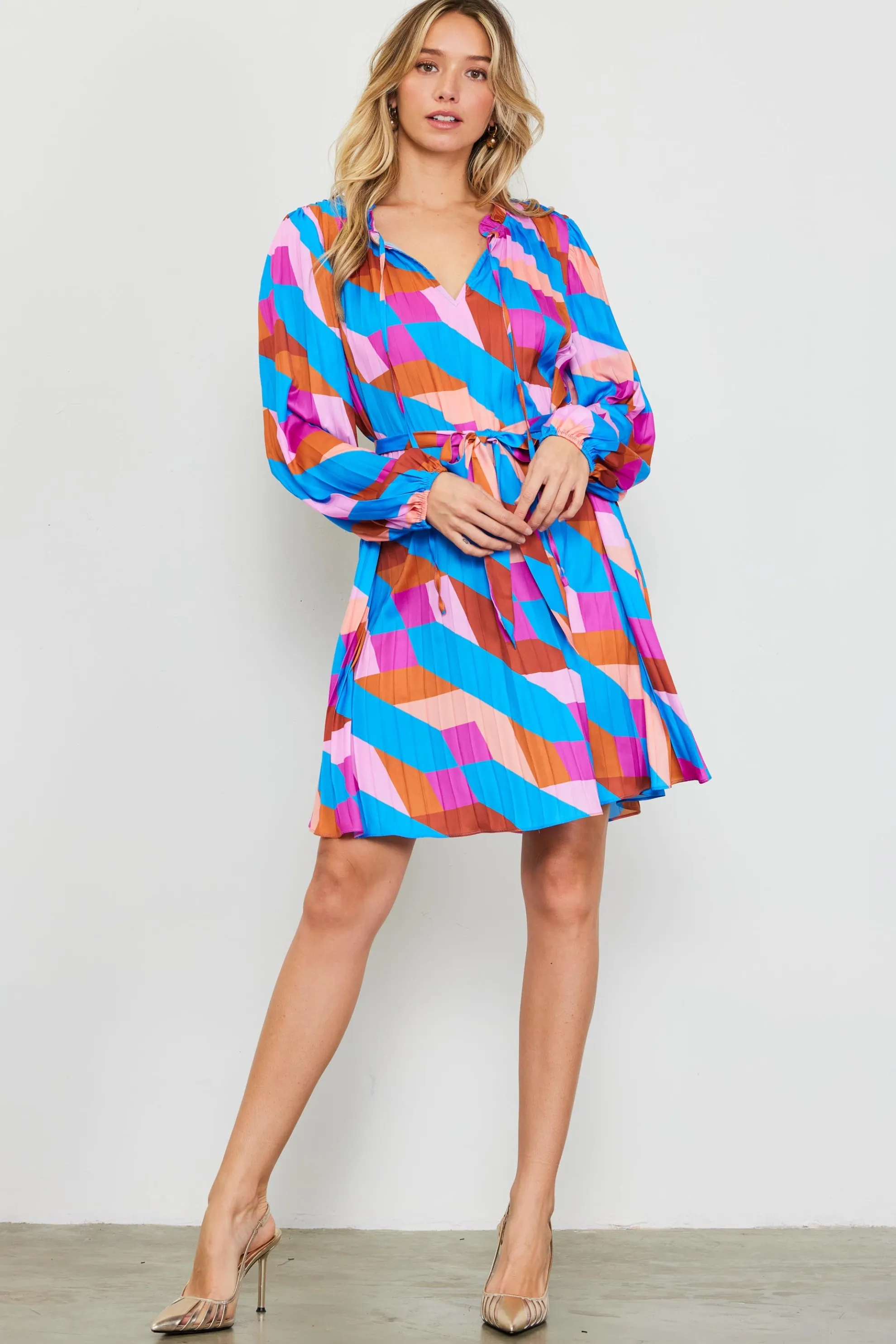 Pleated Geometric Print Mini Dress