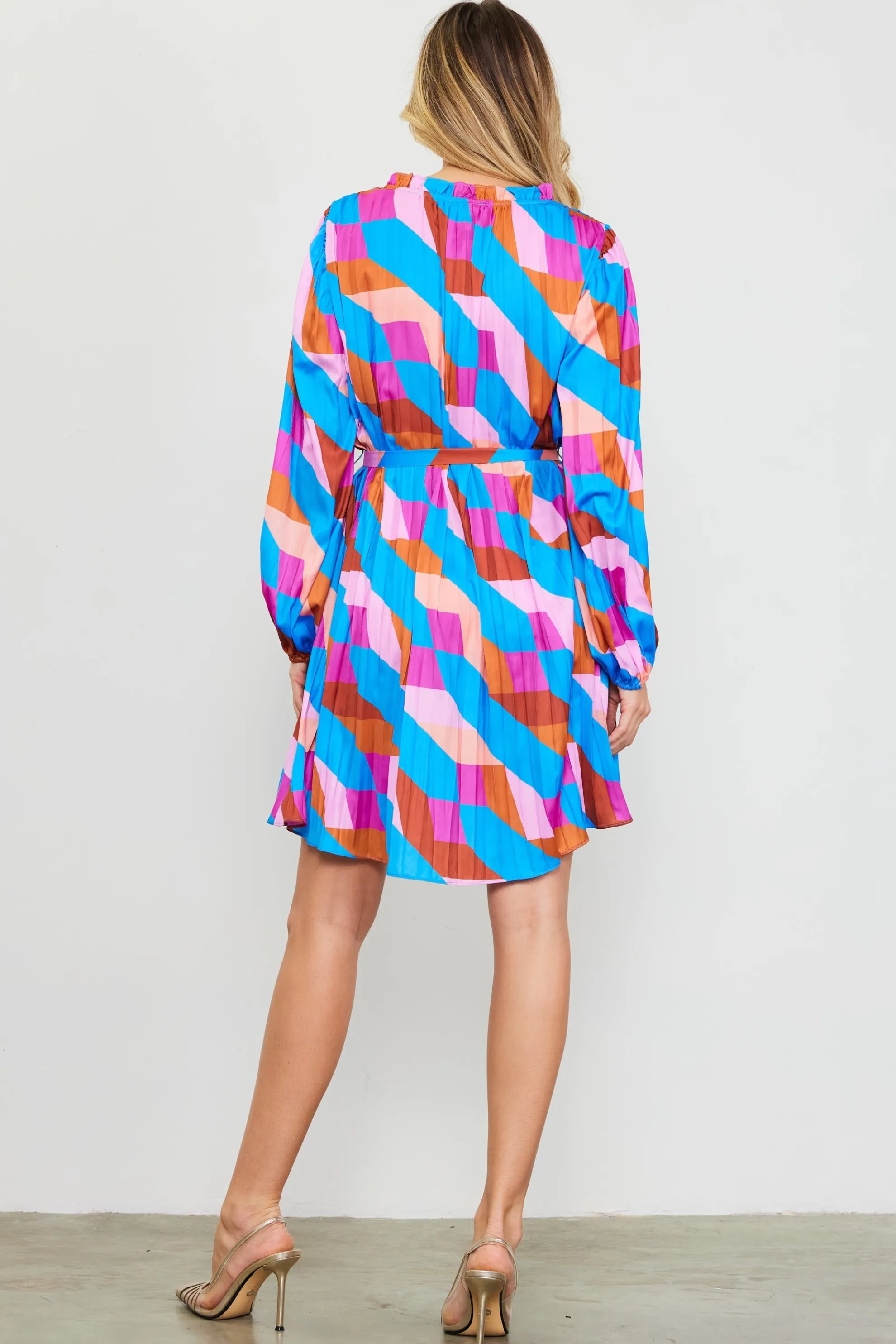 Pleated Geometric Print Mini Dress