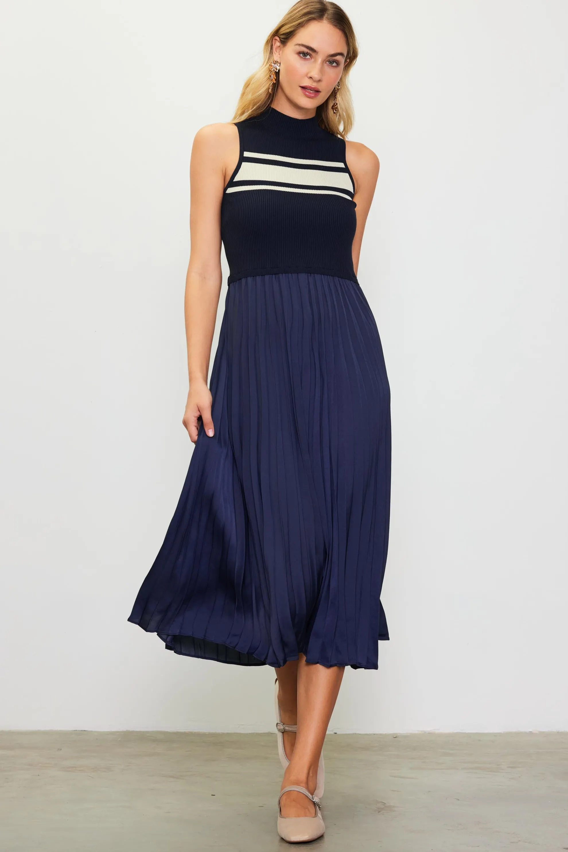 Mixed Media Pleated Midi Dress
