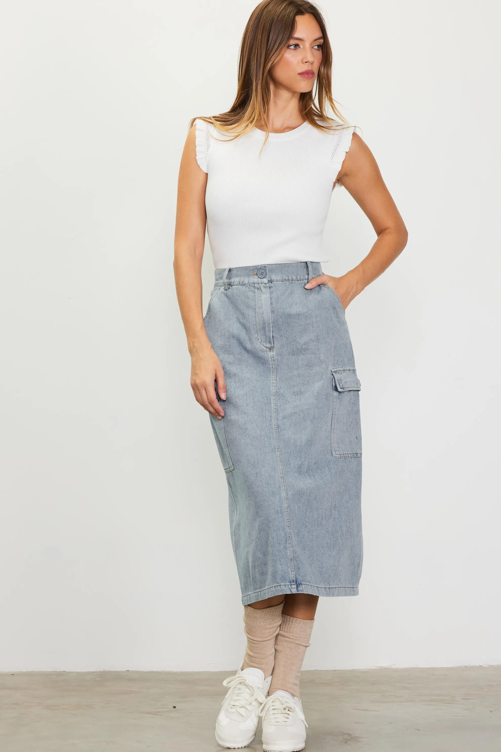 Cargo Detail Denim Midi Skirt
