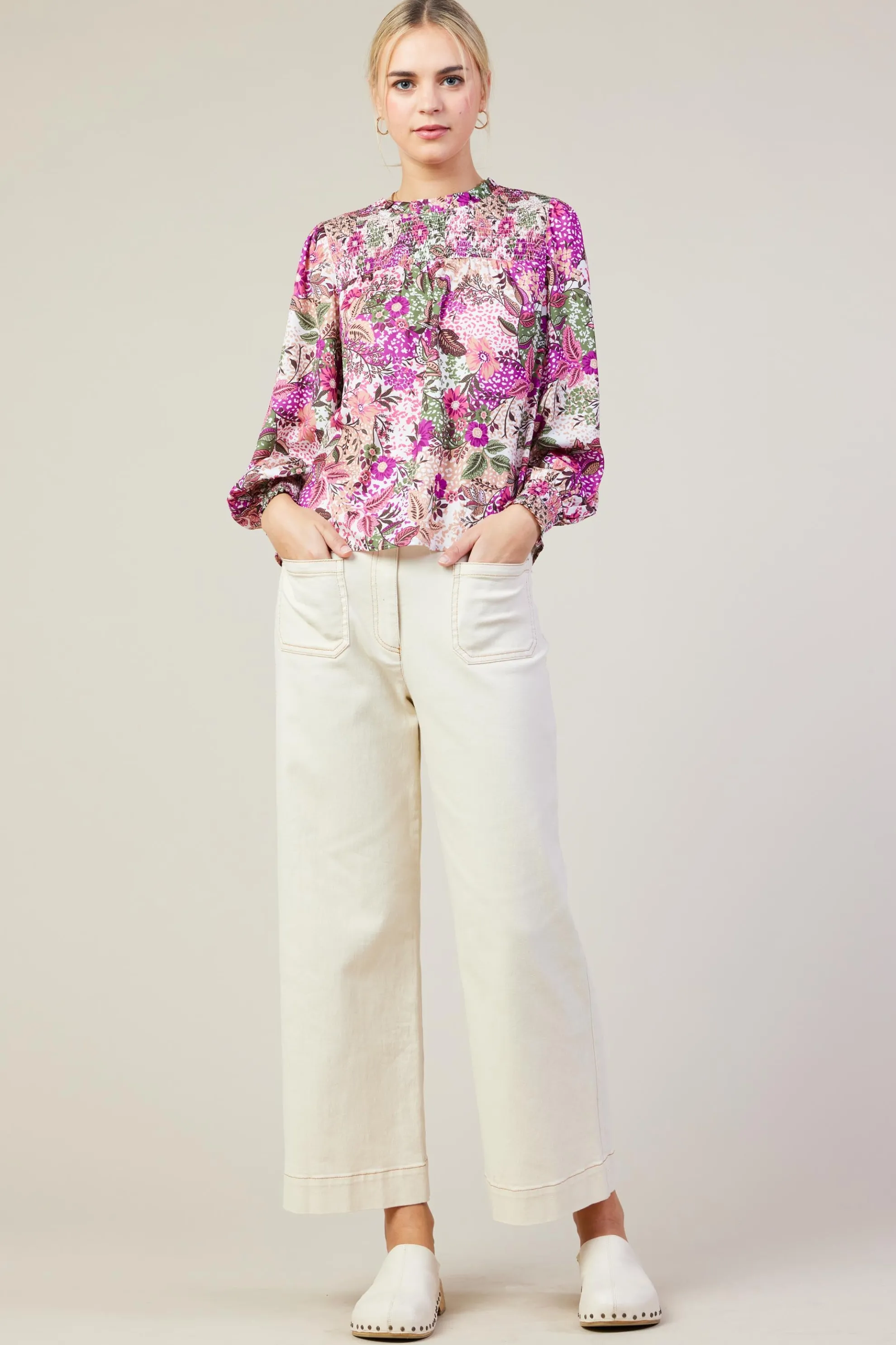 Floral Print Smocked Neckline Blouse