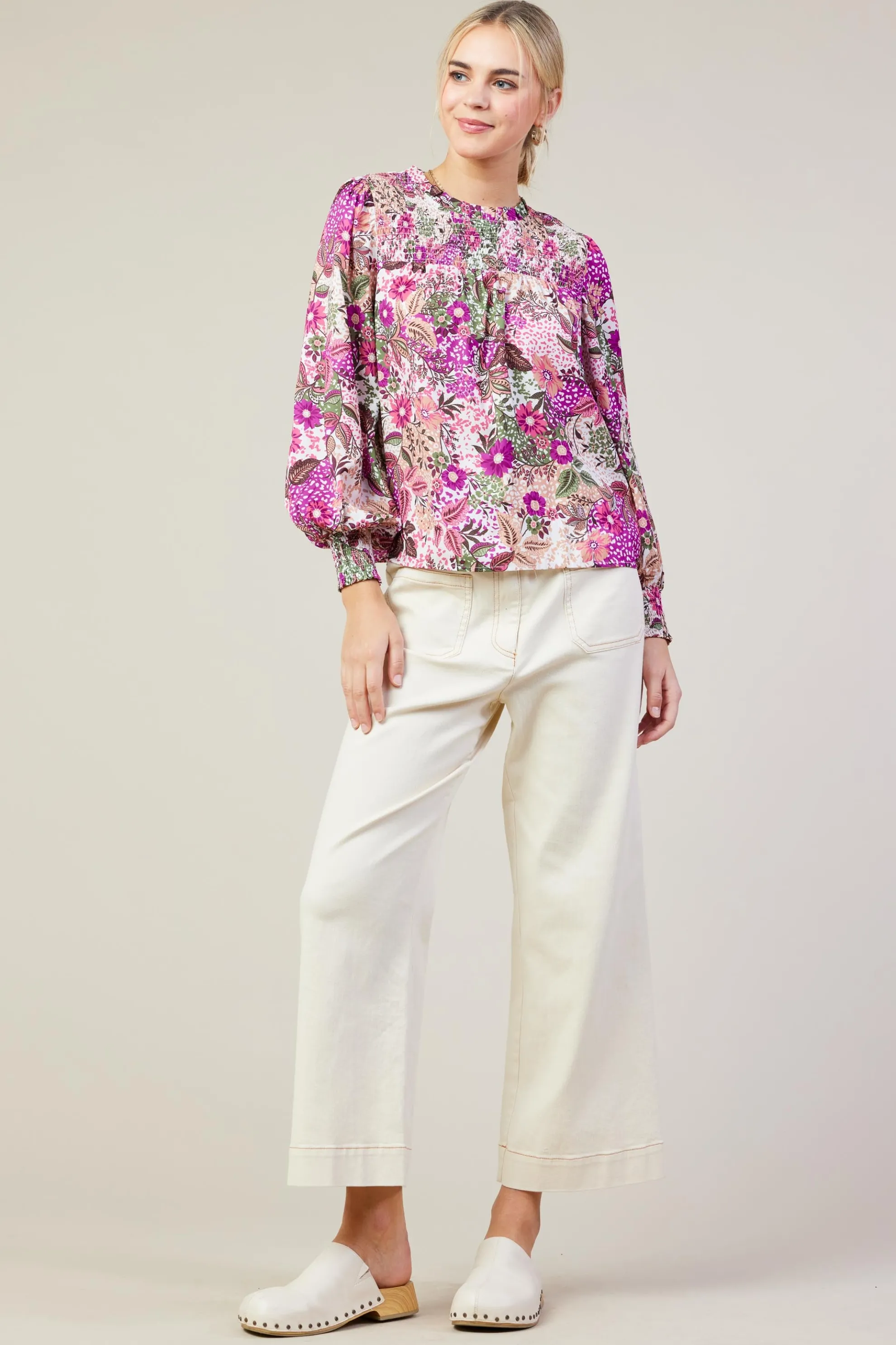 Floral Print Smocked Neckline Blouse