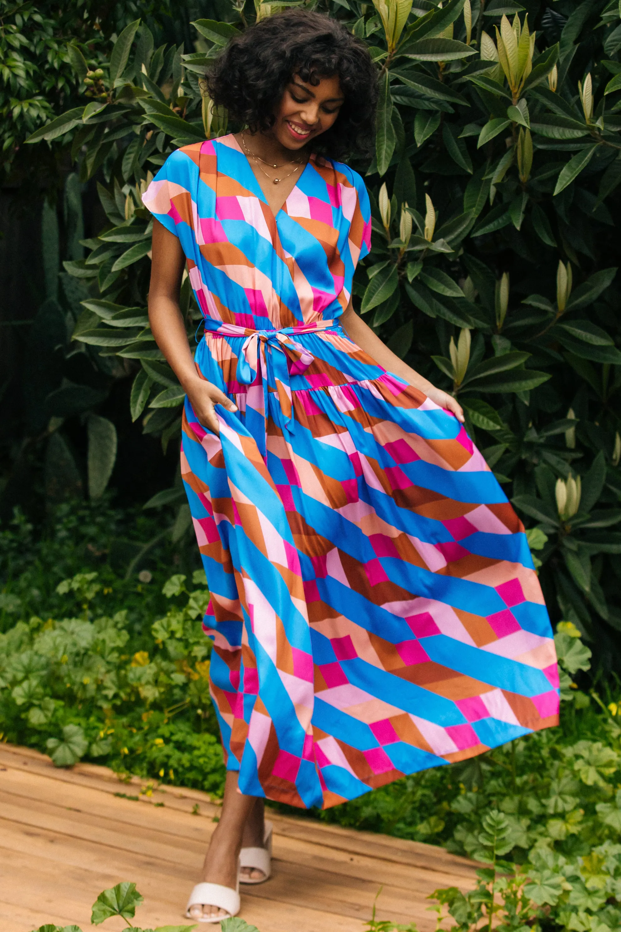 Surplice Bodice Geometric Print Maxi Dress