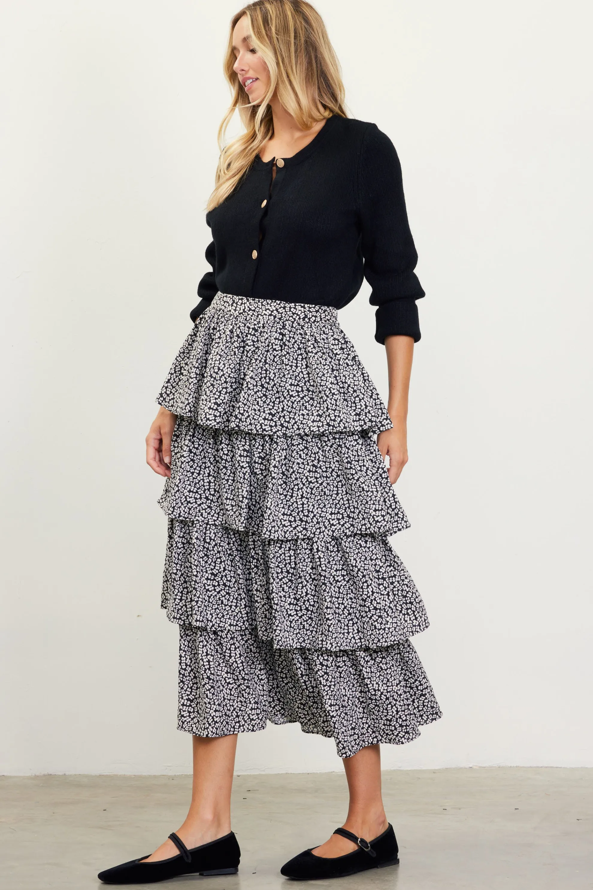 Dainty Floral Print Ruffle Midi Skirt