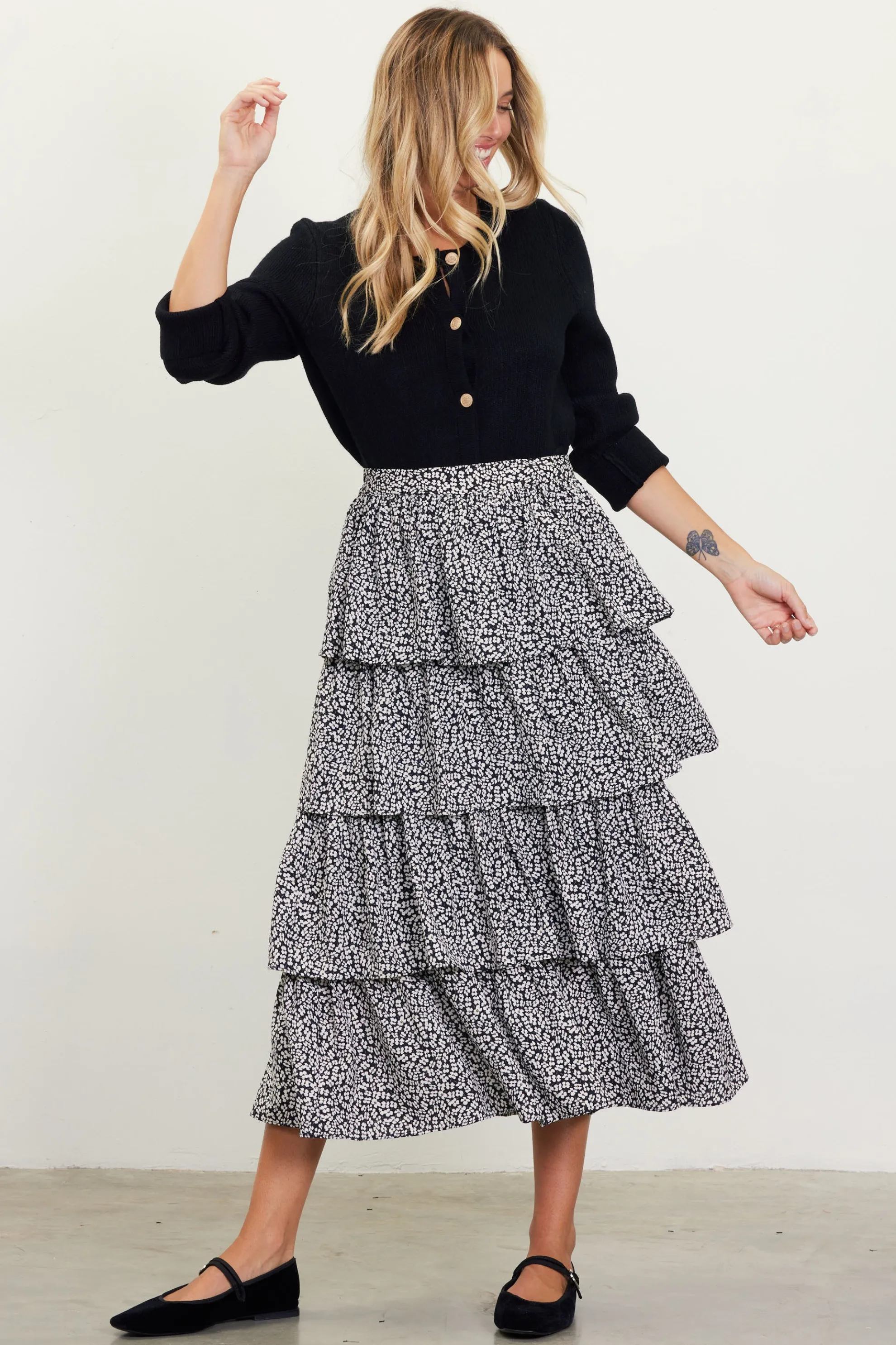 Dainty Floral Print Ruffle Midi Skirt