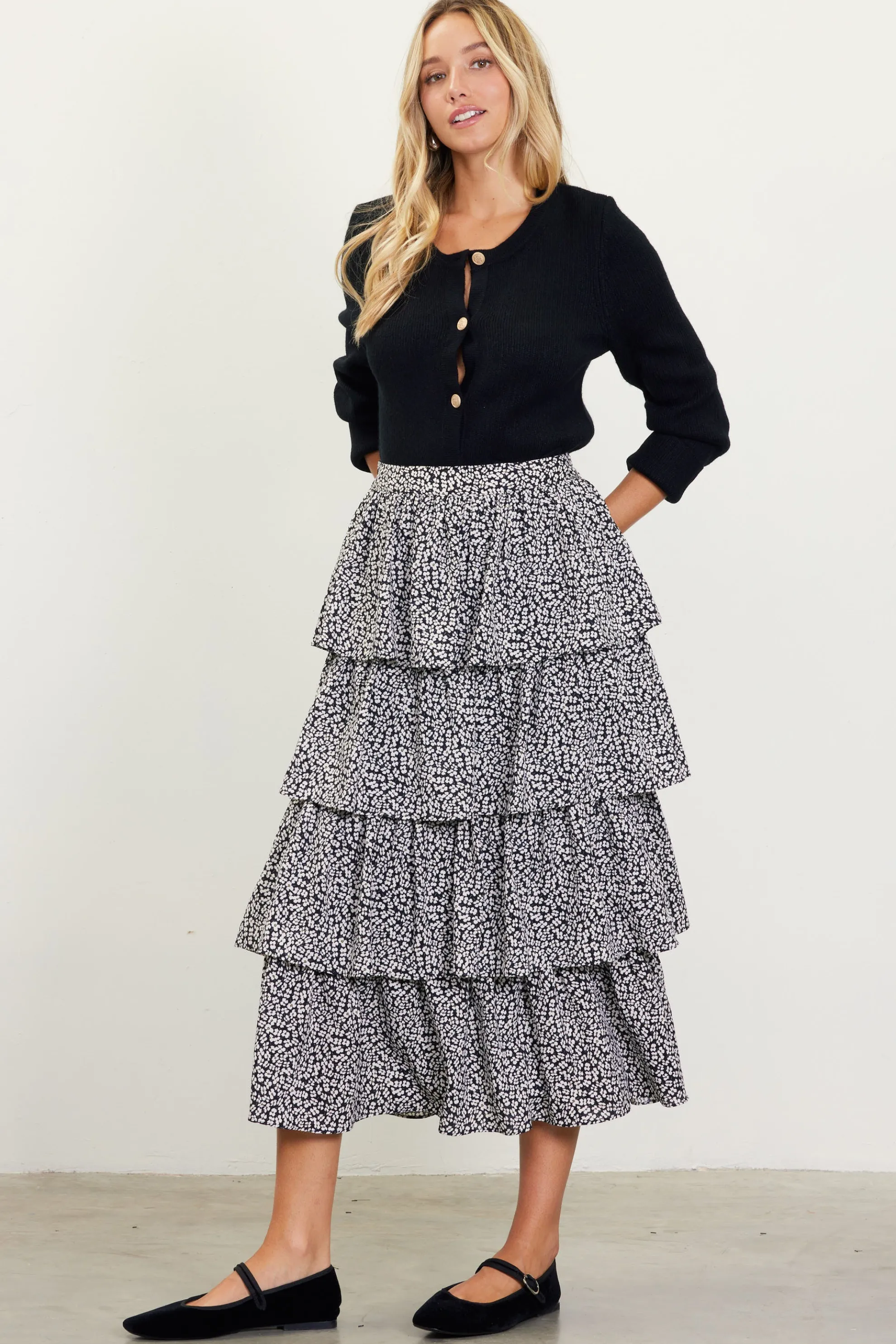 Dainty Floral Print Ruffle Midi Skirt