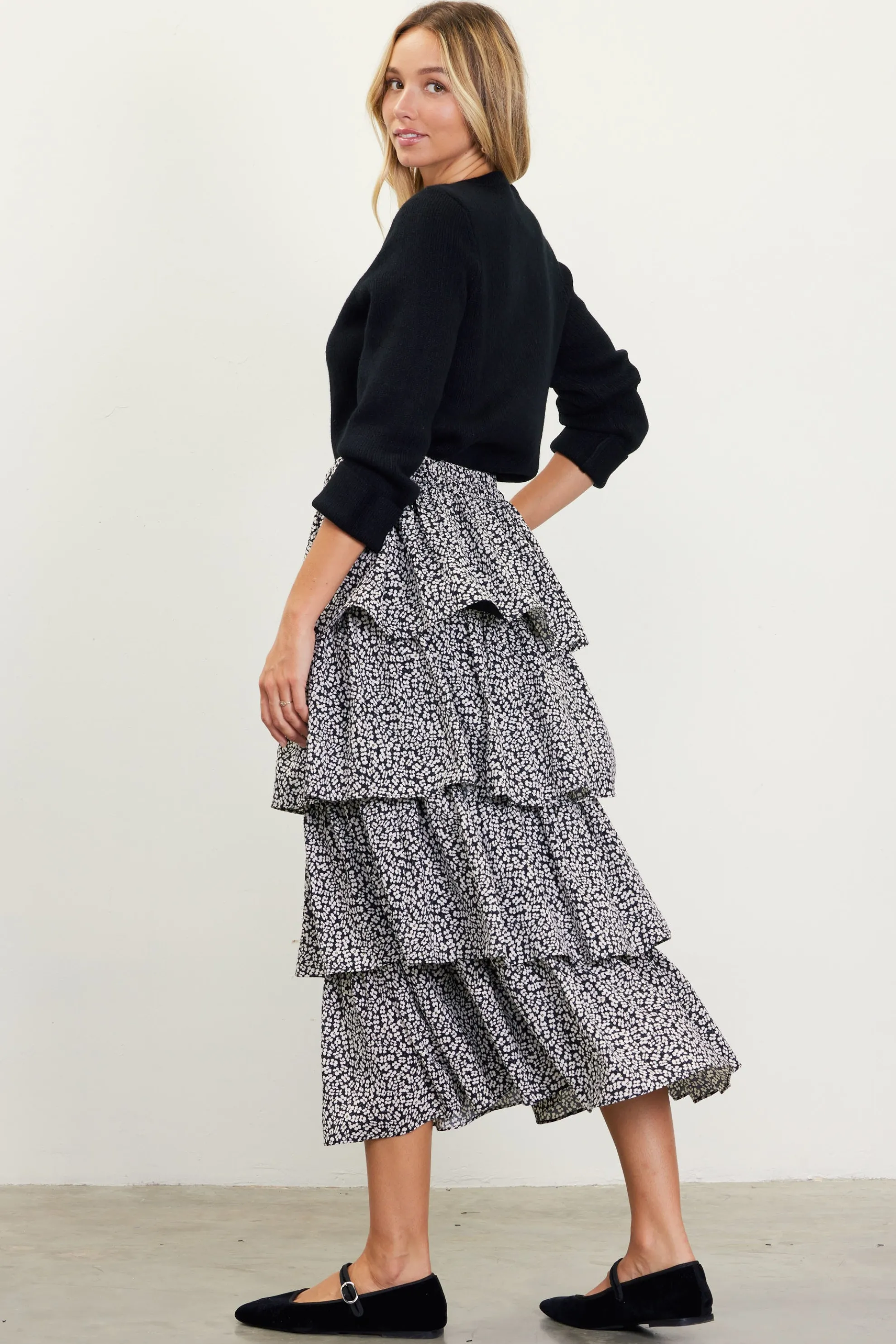 Dainty Floral Print Ruffle Midi Skirt