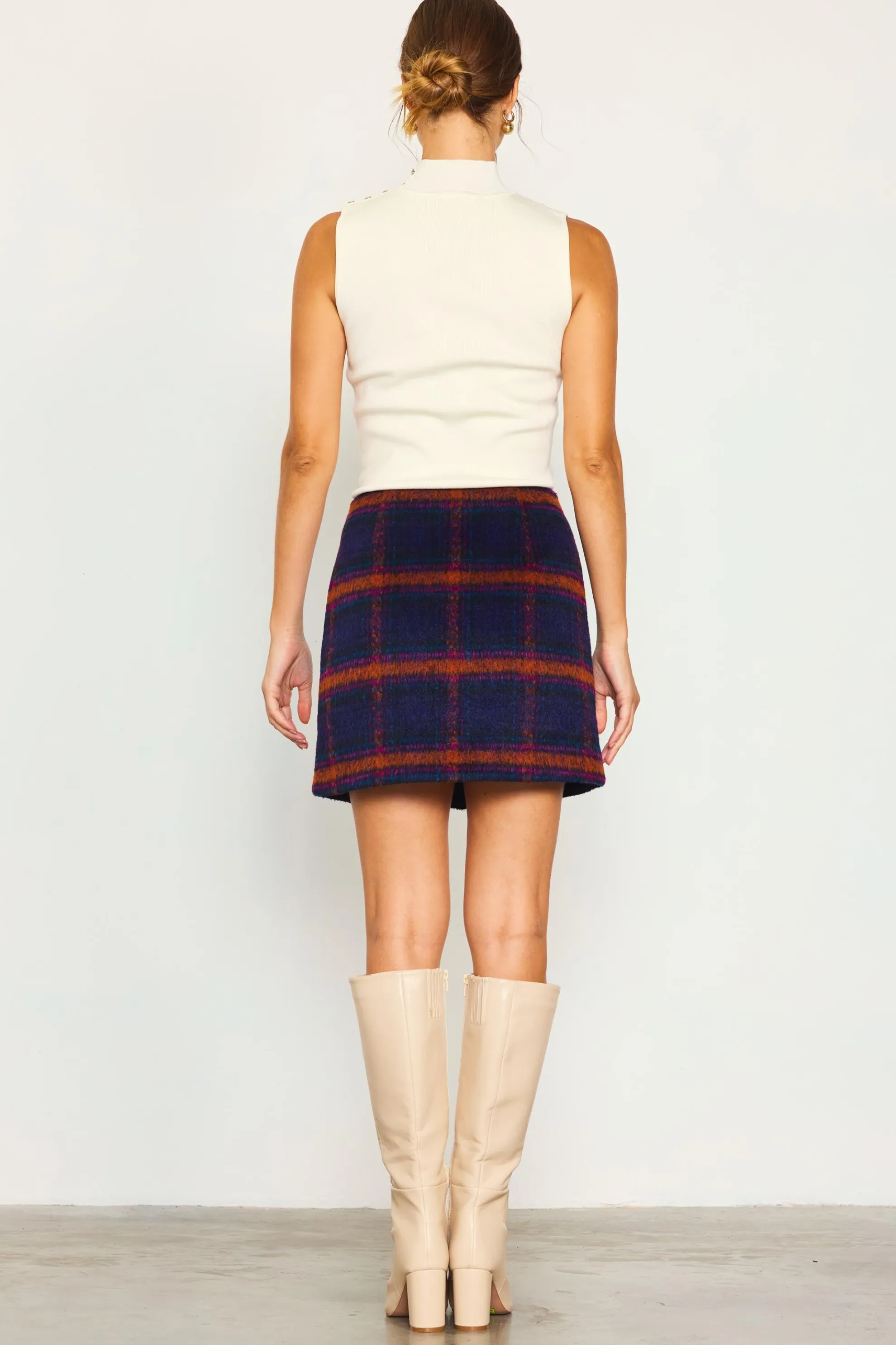 Plaid Front Slit Mini Skirt