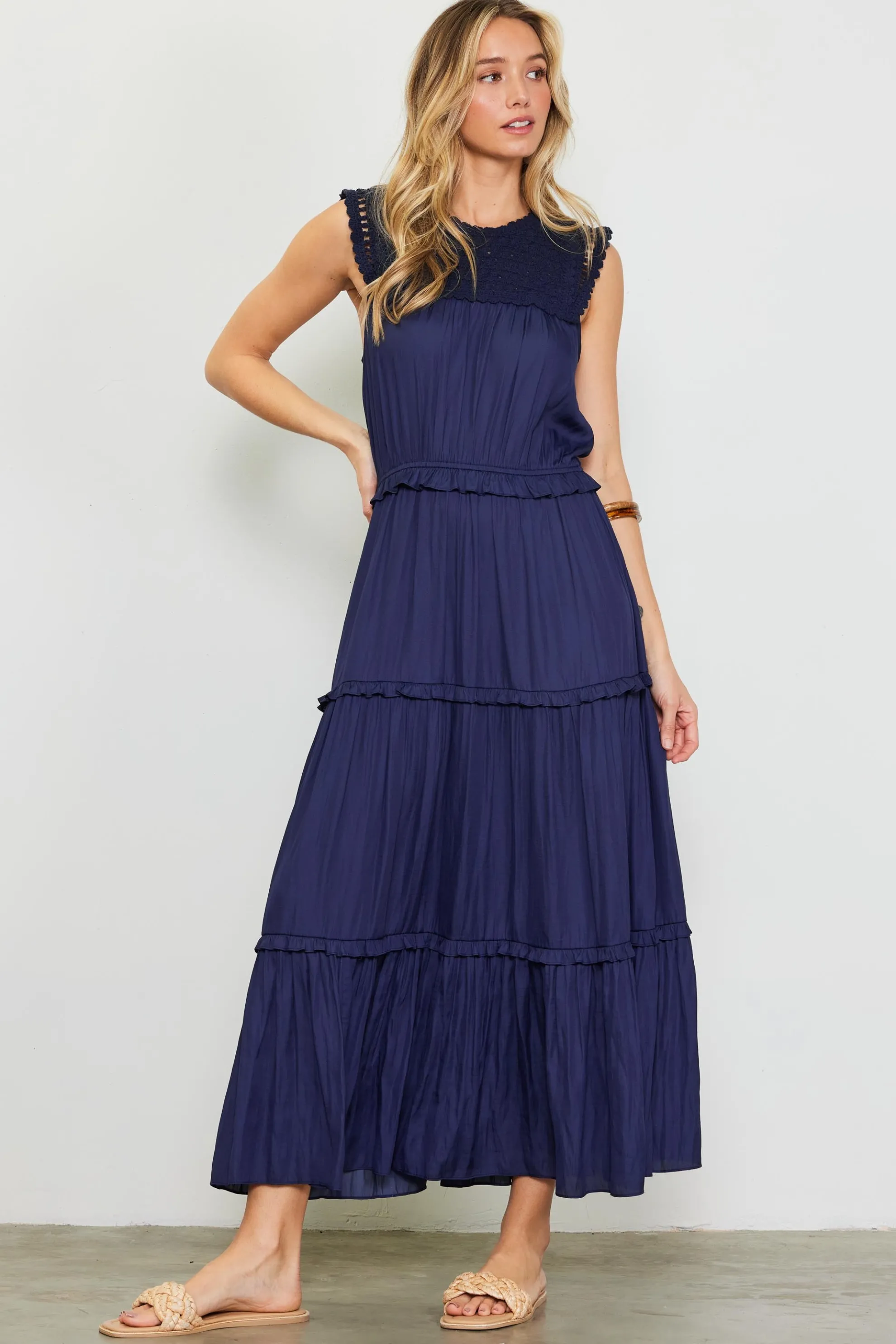 Mixed Media Ruffled Tiered Midi Dress